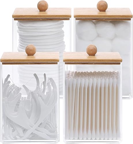 Tbestmax Qtip Apothecary - Soporte para hisopo de algodón, 12 onzas, recipiente de baño transparente para almacenamiento, 4 tapas de madera negra