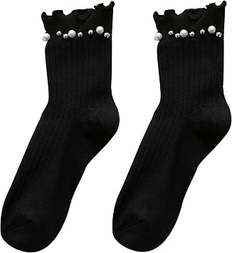 Women Ribbed Cotton Socks with Pearls Beaded Ruffled Trim Solid Hosiery Black