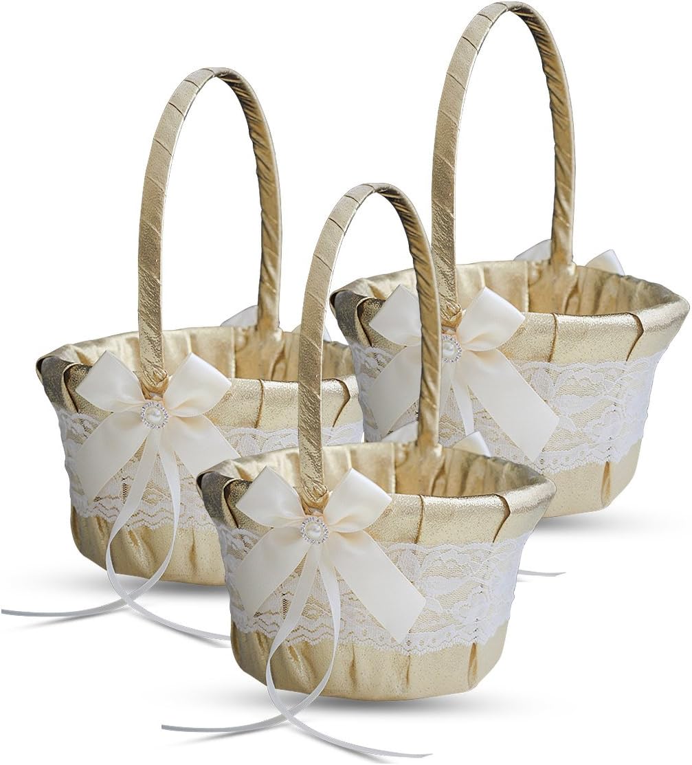 Gold & Ivory LACE Wedding Ring Bearer Pillow and Flower Girl Basket Set – Satin & Ribbons – Pairs Well with Most Dresses & Themes – Splendour Every Wedding Deserves