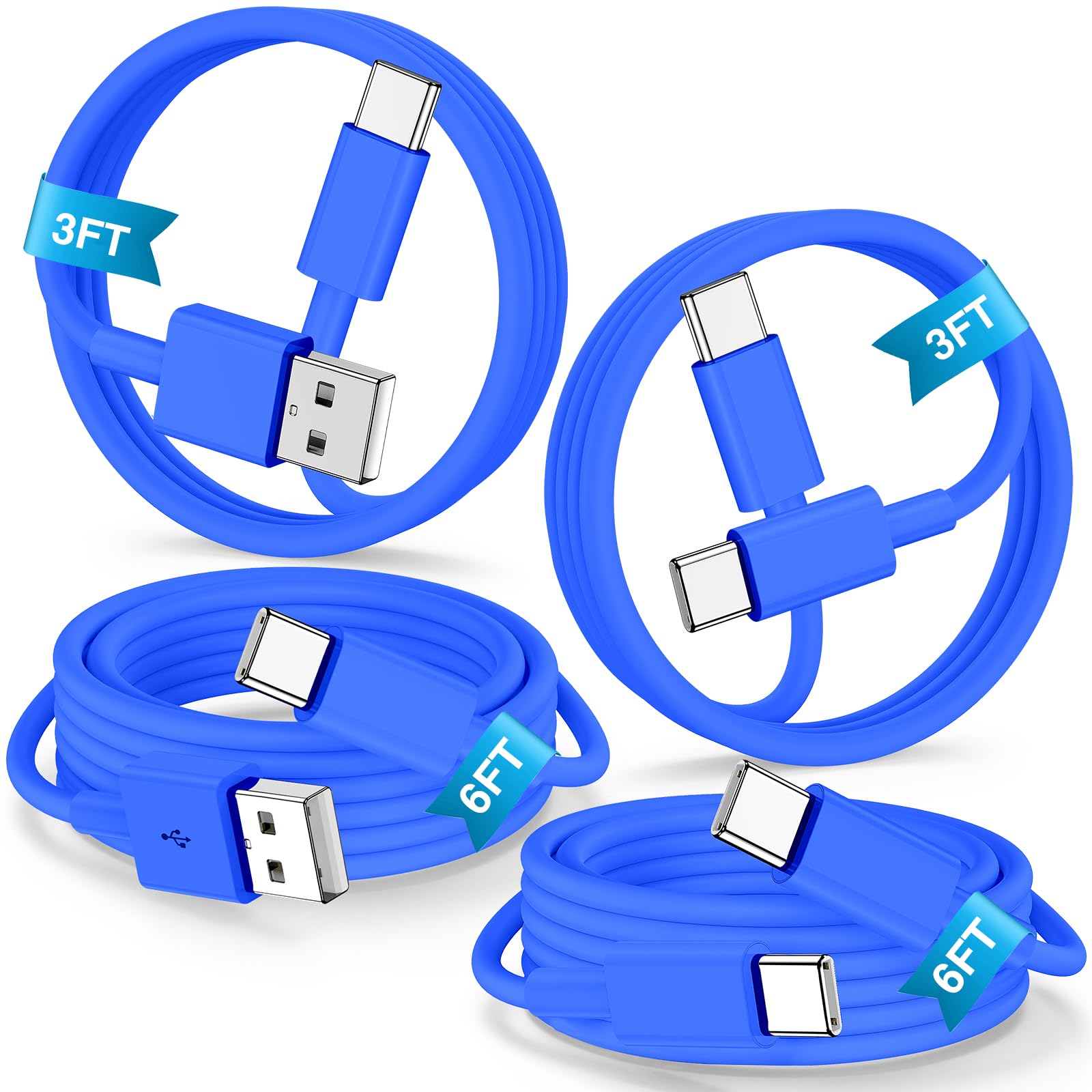 Car Carplay USB C Charge Cable for iPhone 16 15 Pro Max, 4-Pack[3/3/6/6FT] 60W USB C to USB C Cable&USB A to USBC Fast Charging Cord Type C for iPhone 16/15 P ro Max Plus, MacBook Pro/Air, IPad-Blue