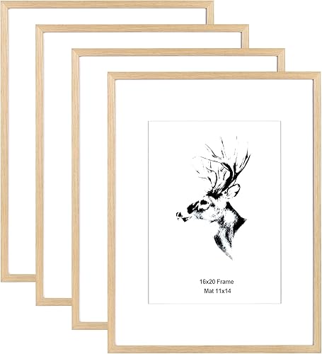 Yaetm Juego de 4 portarretratos de 16 x 20 pulgadas con paspartú de 11 x 14 pulgadas, madera de roble macizo natural de 16 x 20 pulgadas, para pared