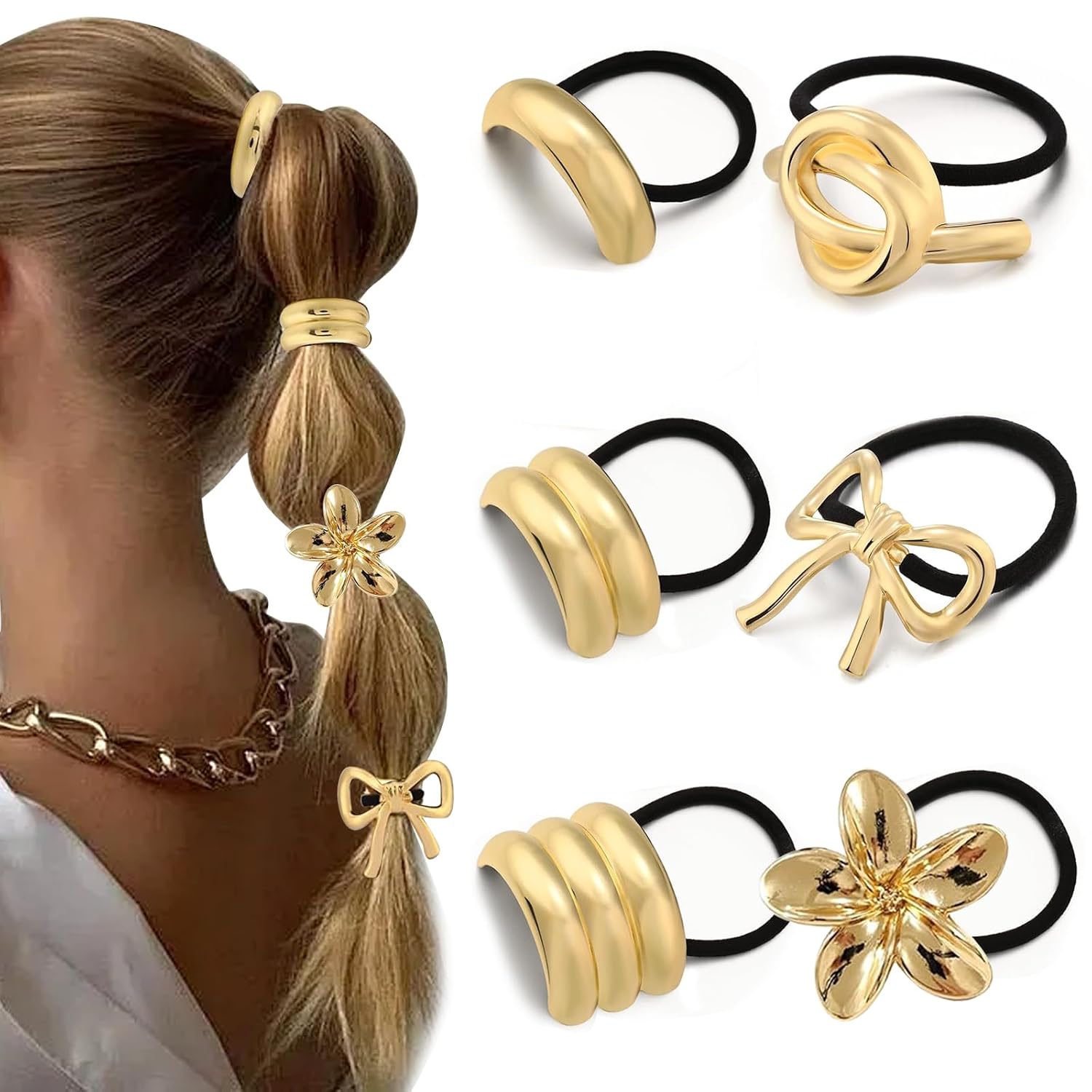 YONOY Gold Hair Ties for Thick Hair - 6 Pcs Set