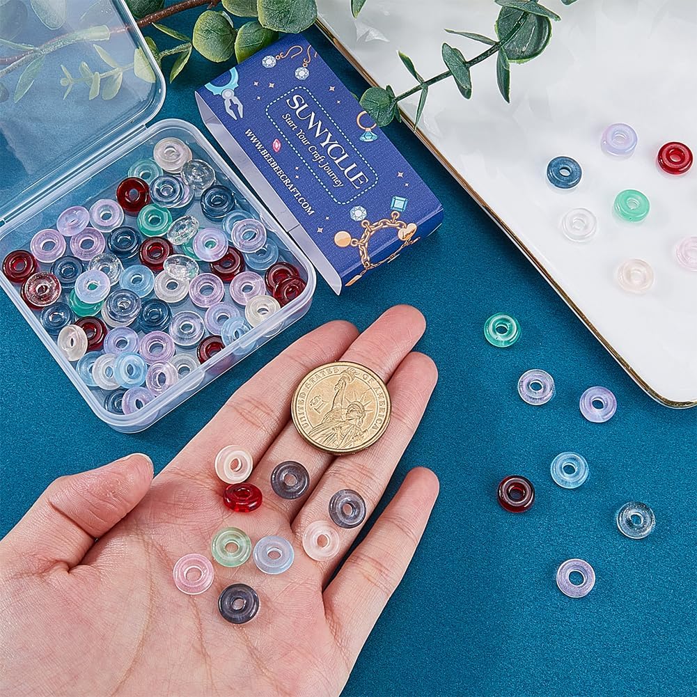 SUNNYCLUE 1 Box 108Pcs 9 Colors Glass Donut Bead Large Hole Glass Charms Colorful Transparent Small Circle European Crystal Loose Spacer Beads for Jewelry Making Charms Bracelets Necklaces DIY Decor - Image 3