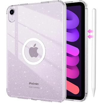 GUAGUA iPad Mini 7 Case, Clear, Sparkling Pad Mini 6 2021 6th Gen, A17 Pro 2024 7th Gen, Shockproof, MagSafe Case, Cute, Wireless Charging, Pen Storage, Glitter, Popular, Ultra Lightweight, Stylish