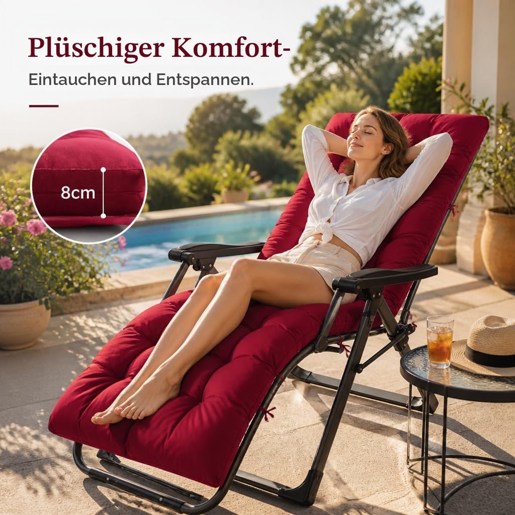 Zerodis Sonnenliegen-Kissenpolster mit Anti-Rutsch-Bezug, Befestigungsgurten, Breite Anwendung, Chaiselongue-Kissen für Garten-Loungesessel (Rotwein)