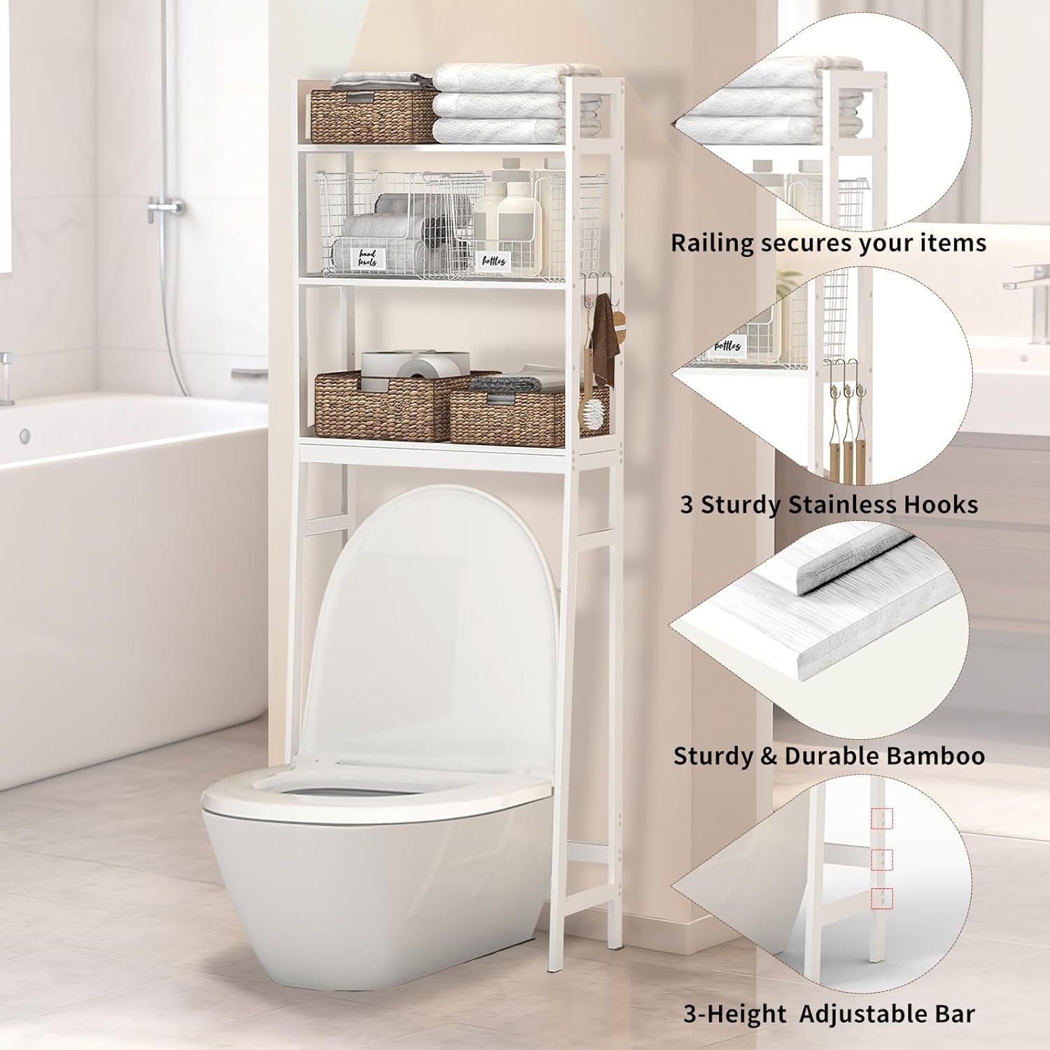 BAMBANG Over The Toilet Storage Rack, 3-Tier Over The Toilet Storage Shelf with 3 Hooks, Freestanding Above Toilet Bathroom Organizer Shelves for Space Saver Storage, Bamboo White