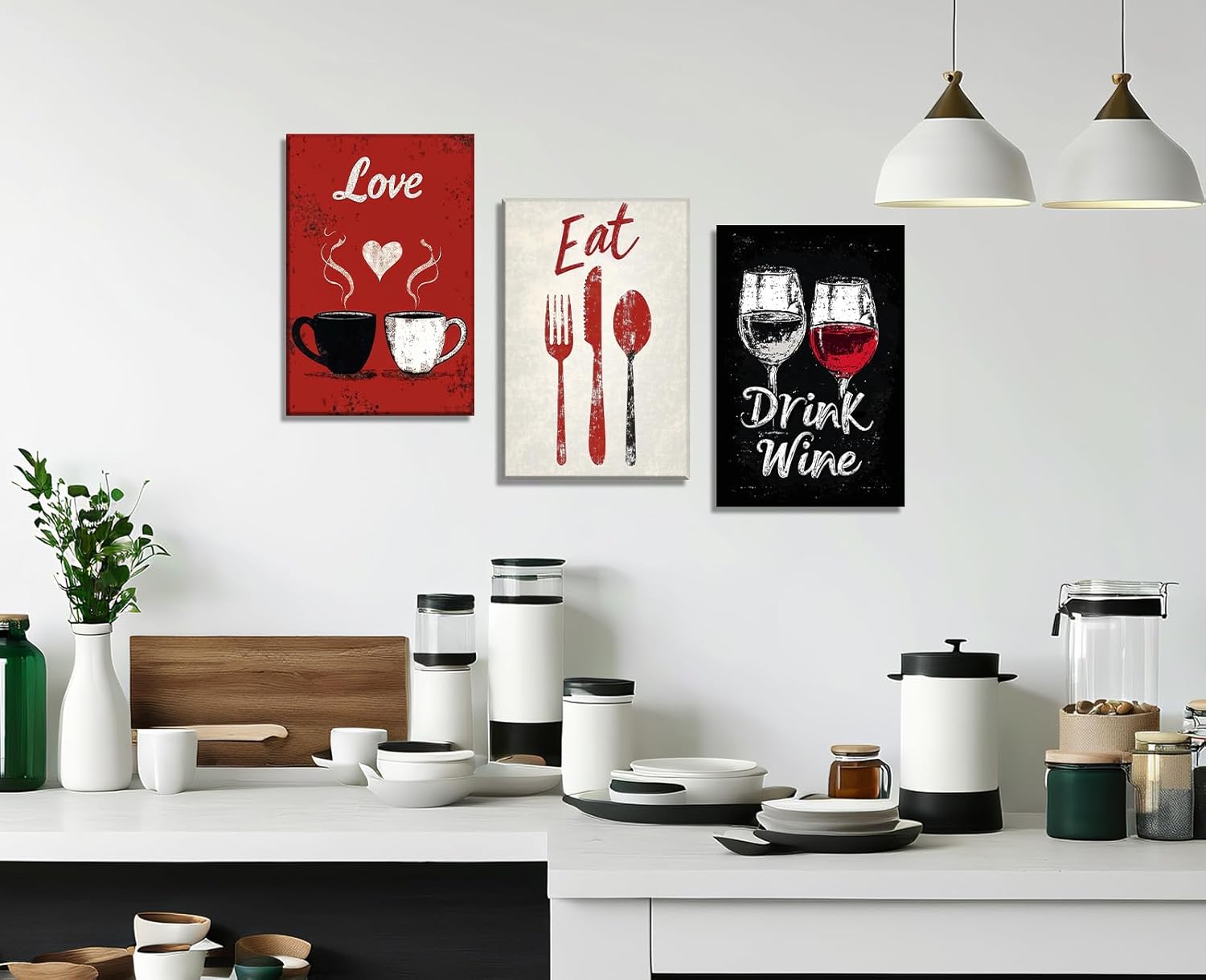 3 Pcs Kitchen Canvas Art Love Eat Drink Picture Wall Decor Framed Fork Knife Coffee Wine Painting Black and Red Prints Dining Room Restaurant Bar Ready to Hang(Kitchen-10,11.00"x14.00"x3P)