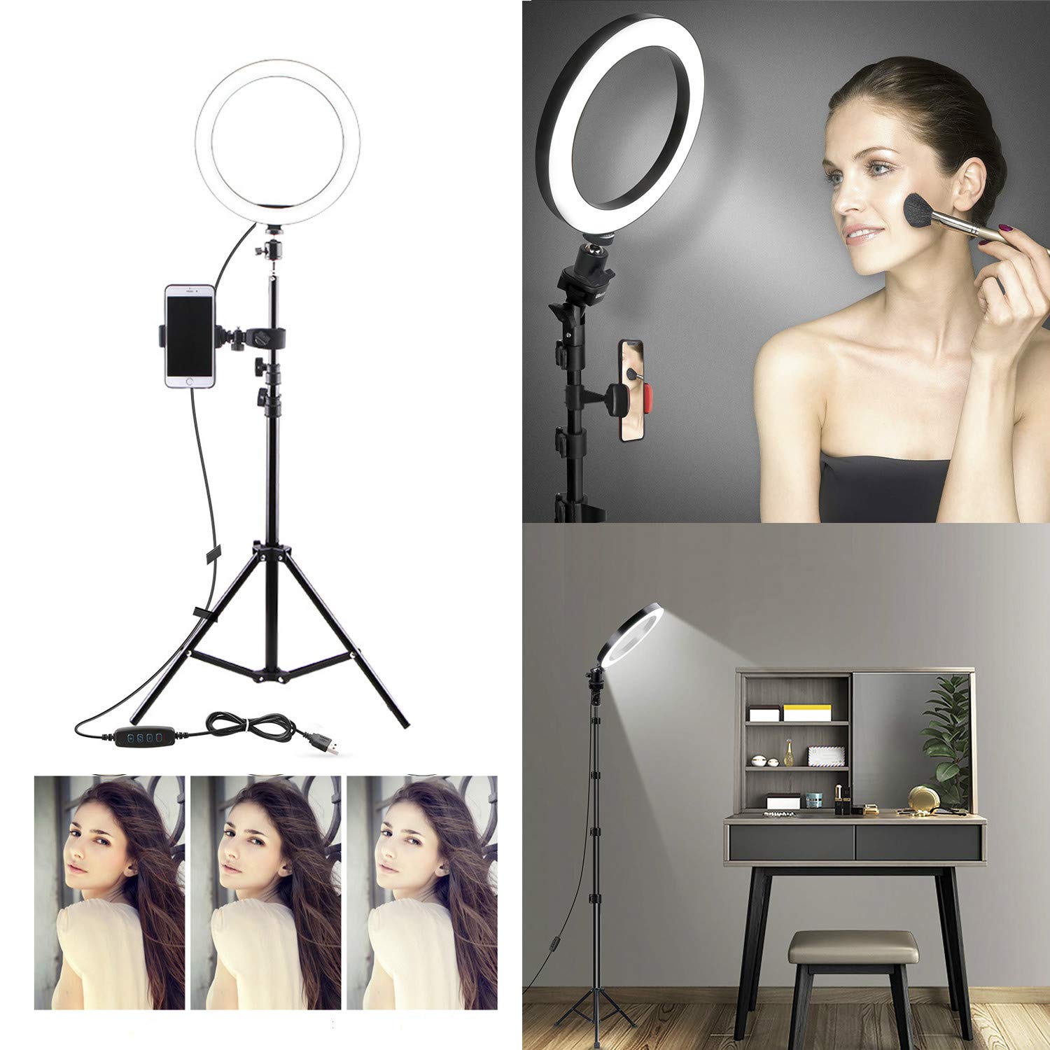 Ring Light with Stand OEBLD Selfie Light Ring with iPhone Tripod and Phone Holder (D(10.2''Ring Light & 63''Tripod))