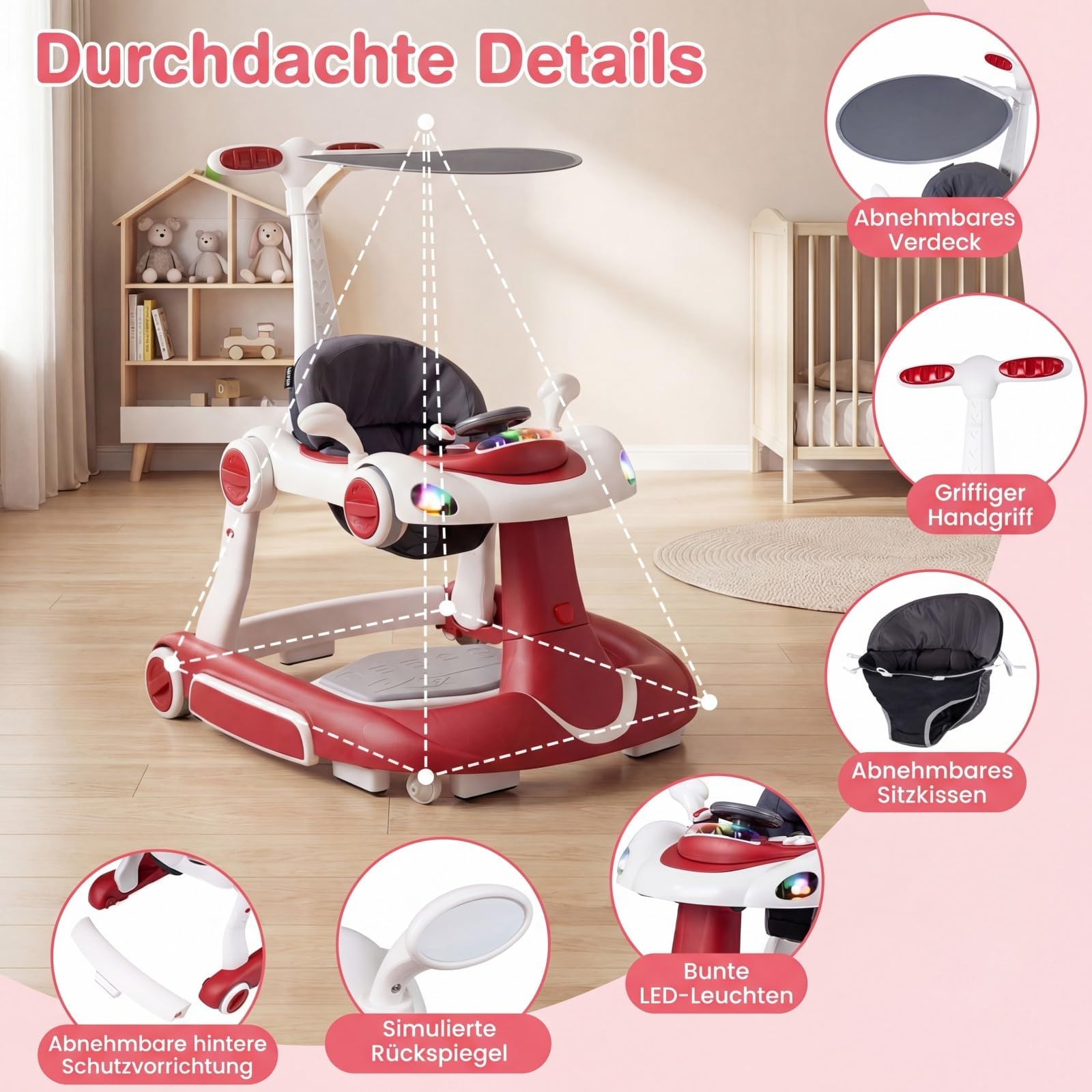 FANTASK 7 in 1 Lauflernhilfe mit abnehmbarem Verdeck, Lauflernwagen höhenverstellbar mit Spielboard, Musik, Licht & Rädern, Gehfrei mit einstellbarer Geschwindigkeit für Baby ab 6 Monaten (Weinrot)