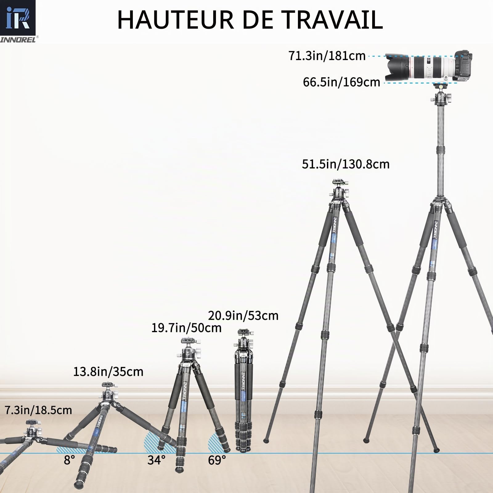 Trépied en Fibre de Carbone - INNOREL CT75C Trépied Compact Professionnel Support de caméra Lourde pour caméra vidéo DSLR avec tête de Bille à Basse gravité de 36mm et Colonne Centrale Tube de 29 mm