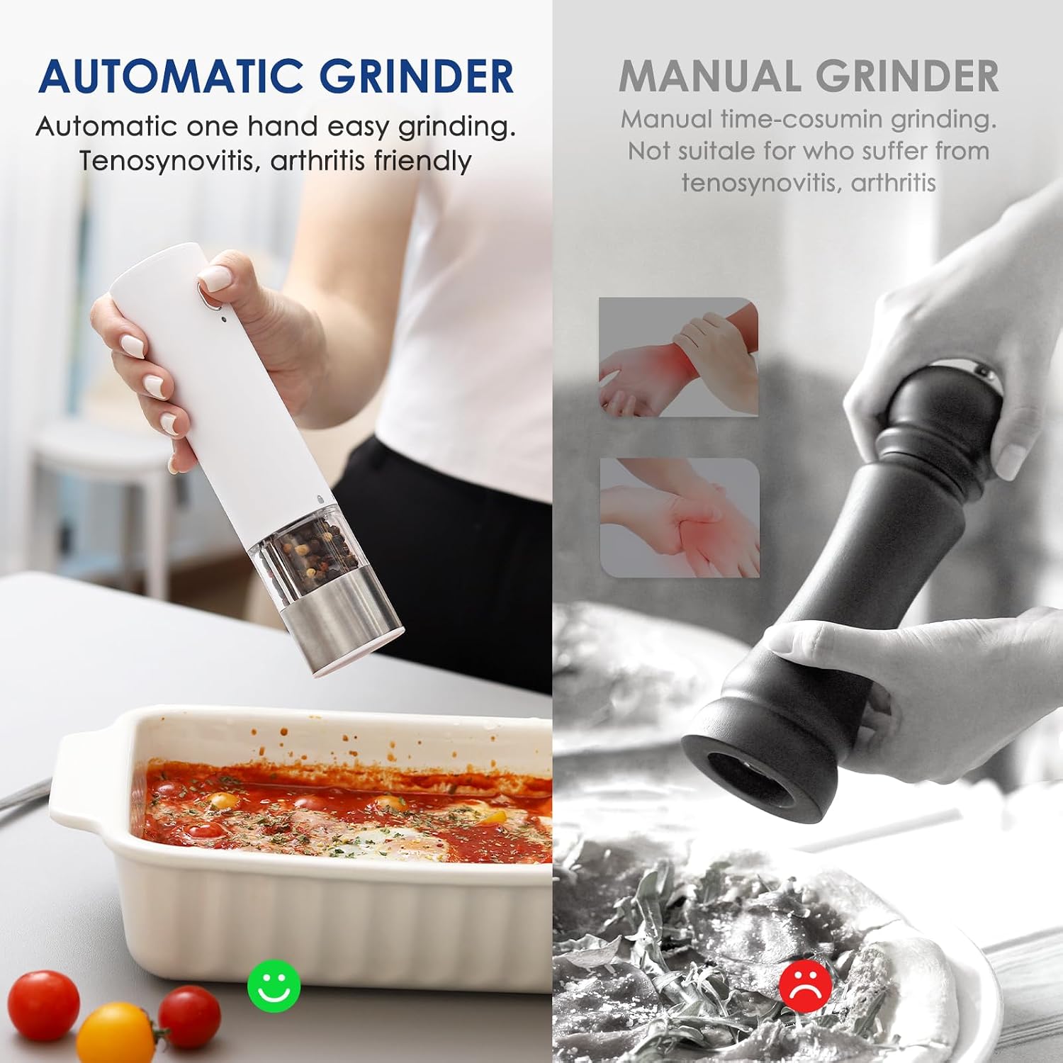 Vzaahu Electric Salt & Pepper Grinder Set Black & White Gorgeous Peppermill, Charging Indicator Light, Type-C Rechargeable, Long-lasting Battery-free, One-hand Operation, Home Cooking, Kitchen