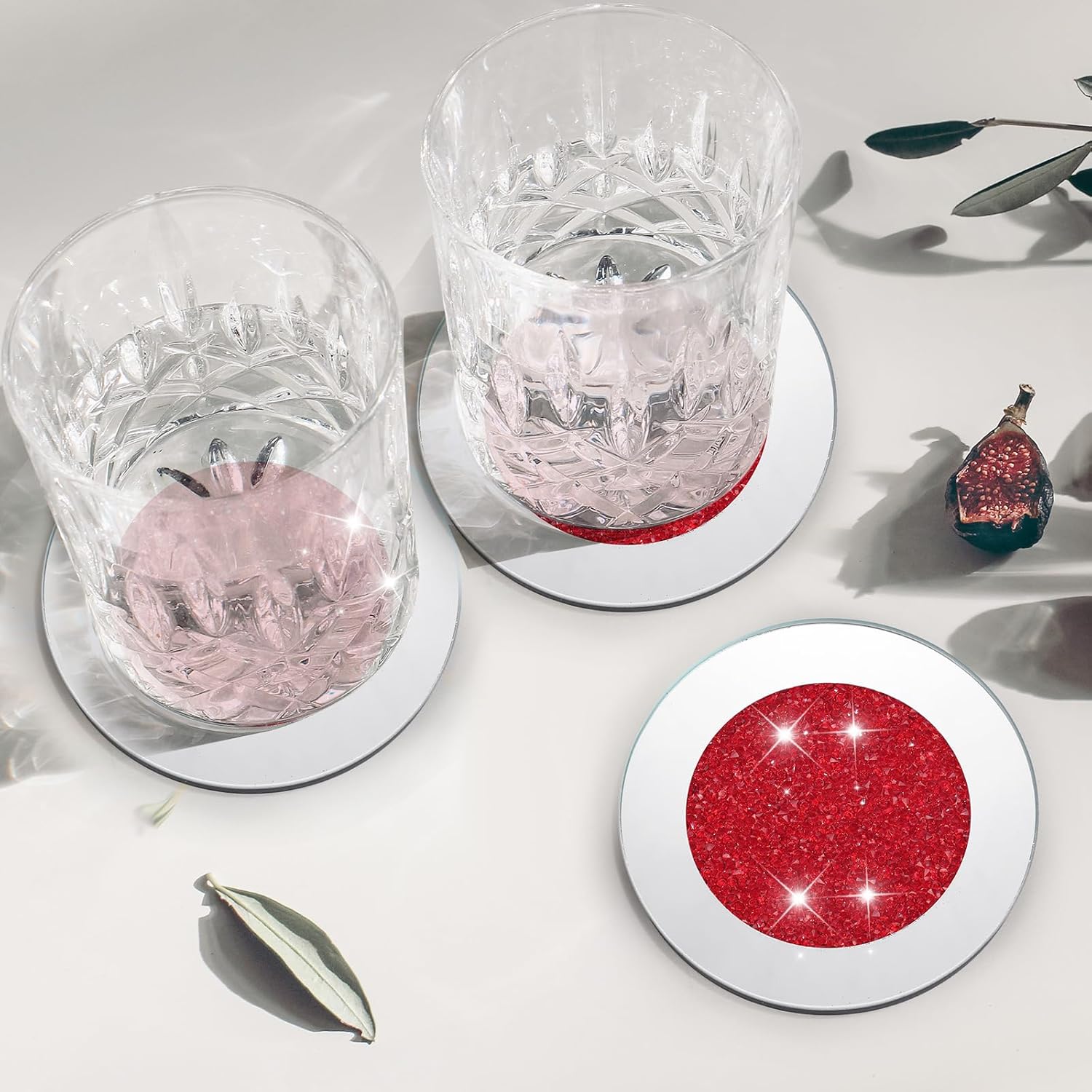 Jetec Mirrored Glass Coaster Set of 6 with 1 Holder 4" Crushed Diamond Round Cup Mat Glitter Crystal Rhinestone Glass Coaster Bling Table Decor for Bar Kitchen Gift for Christmas(Red,4 Inch)