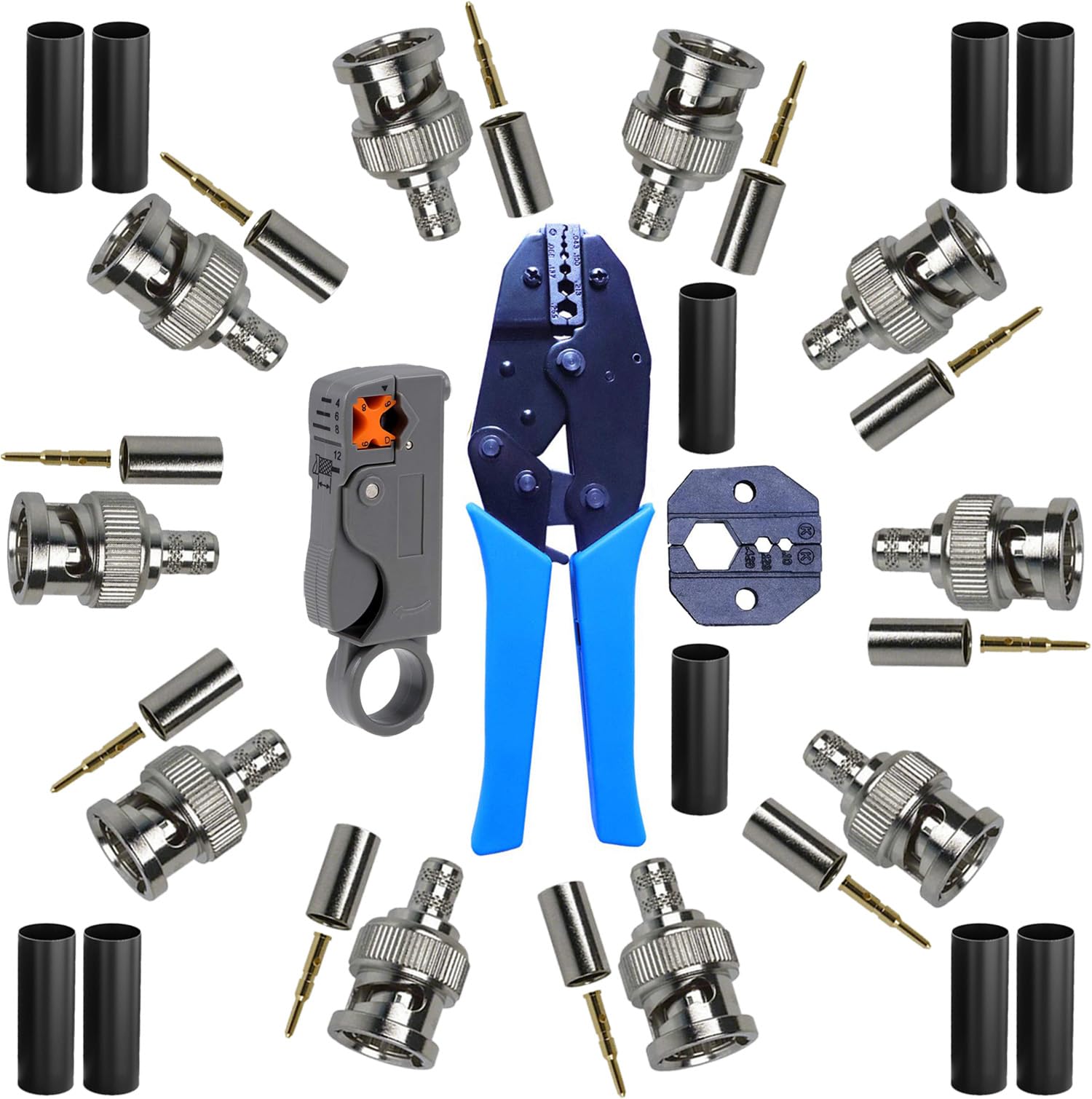 Kynophragma Men's Gold Bnc Crimping Tool & Rg58 Bnc Connector Kit – 10-Pack Bnc Crimp Connectors + Bnc Crimper + Interchangeable Dies + Coax Stripper + Heat Shrink – For Cctv, Av Installations
