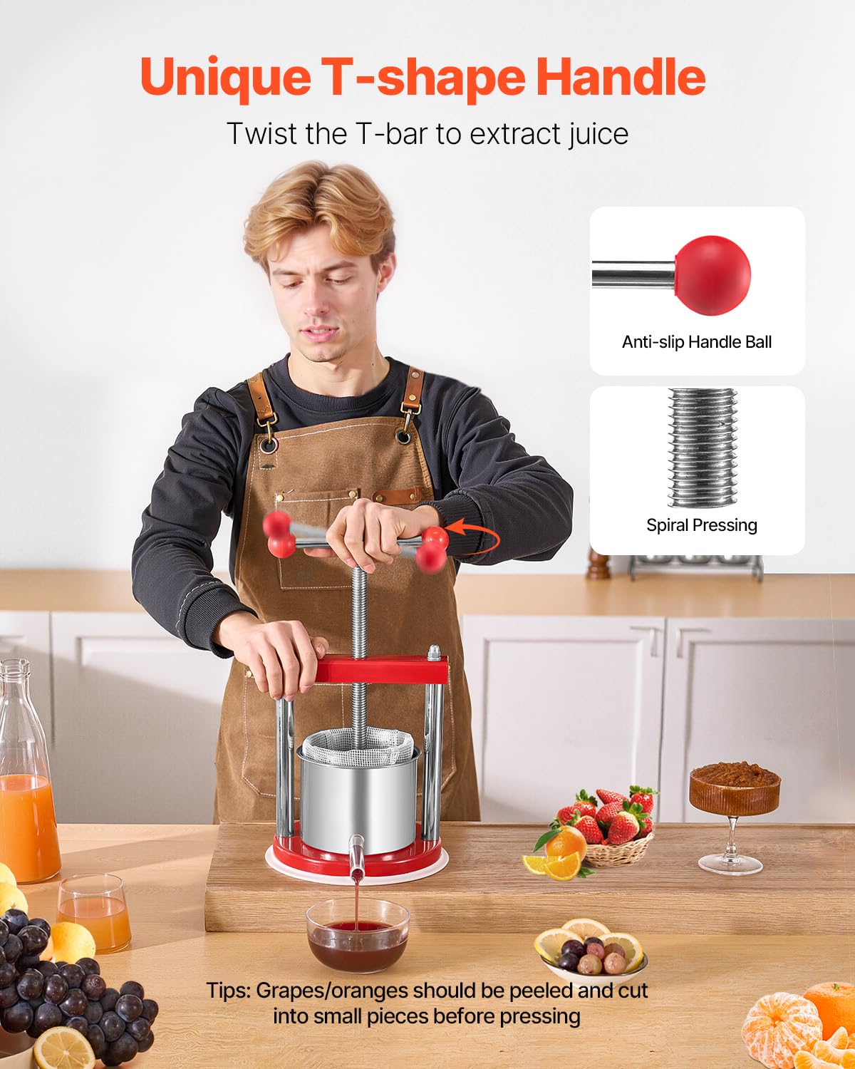 VEVOR Pressa Manuale per Vino di Frutta Cesto in Acciaio Inox 1,65L con Manico, Spremiagrumi Manuale per Bevande Alcoliche Pressa per Sidro, Mela, UVA, Tintura, Miele, Olio d'Oliva Cucina, Casa