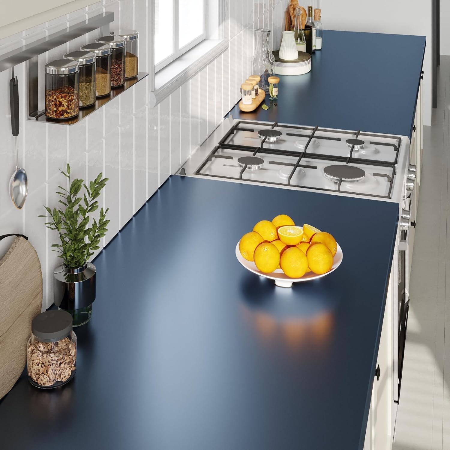 FunStick 24"x200" Satin Dark Blue Wallpaper Peel and Stick Blue Contact Paper for Countertops Drawers Appliances Kitchen Cabinet Wall Paper Waterproof Metal Self Adhesive Wallpaper for Bathroom Fridge