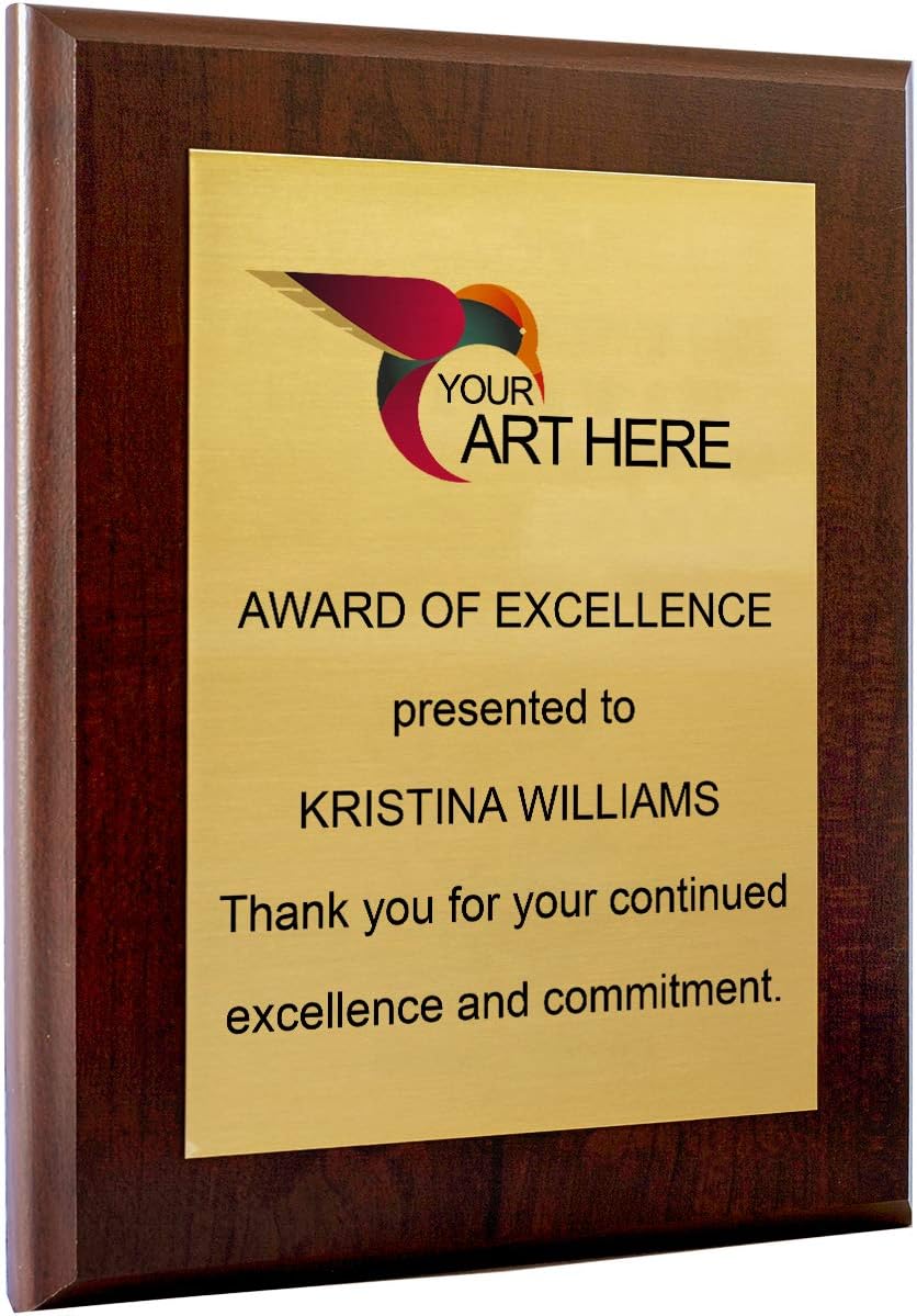 Custom Aluminum Metal Award Plaque with Full Color Printing - Include Photos Or Logos and Your Personal Text (5 x 7", Coated Cherry Board w/Gold Metal)