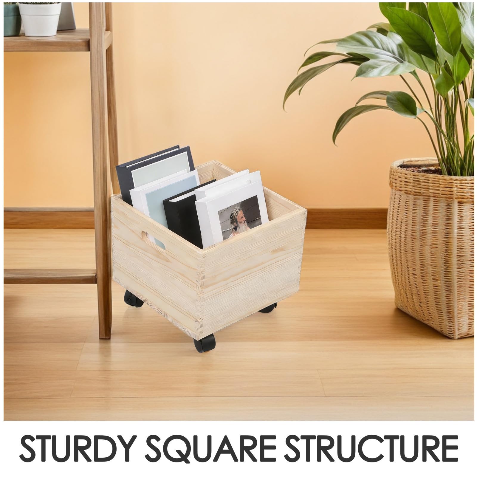TOYANDONA Cassa Porta Vinili in Legno Massello con Ruote, Scatola Quadrata Beige per Organizzazione Domestica e Raccolta Libri, Design Rustico e Funzionale