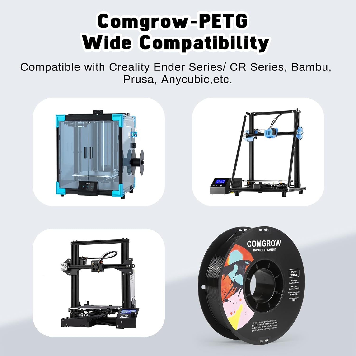 Comgrow PLA 3D Printer Filament, 3D Printer PLA Filament 1.75mm, Dimensional Accuracy +/- 0.02 mm, 2 Rolls of 1KG Spool PLA White and PETG 3D Printer Filament Black
