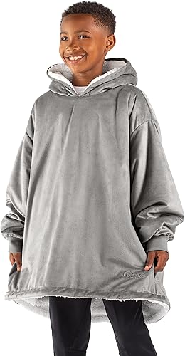 Bare Home Sherpa Fleece Wearable Blanket - Oversized Wearable Blanket Hoodie - Youth Size - Warm & Cozy - Soft Plush Blanket - Comfortable Blanket