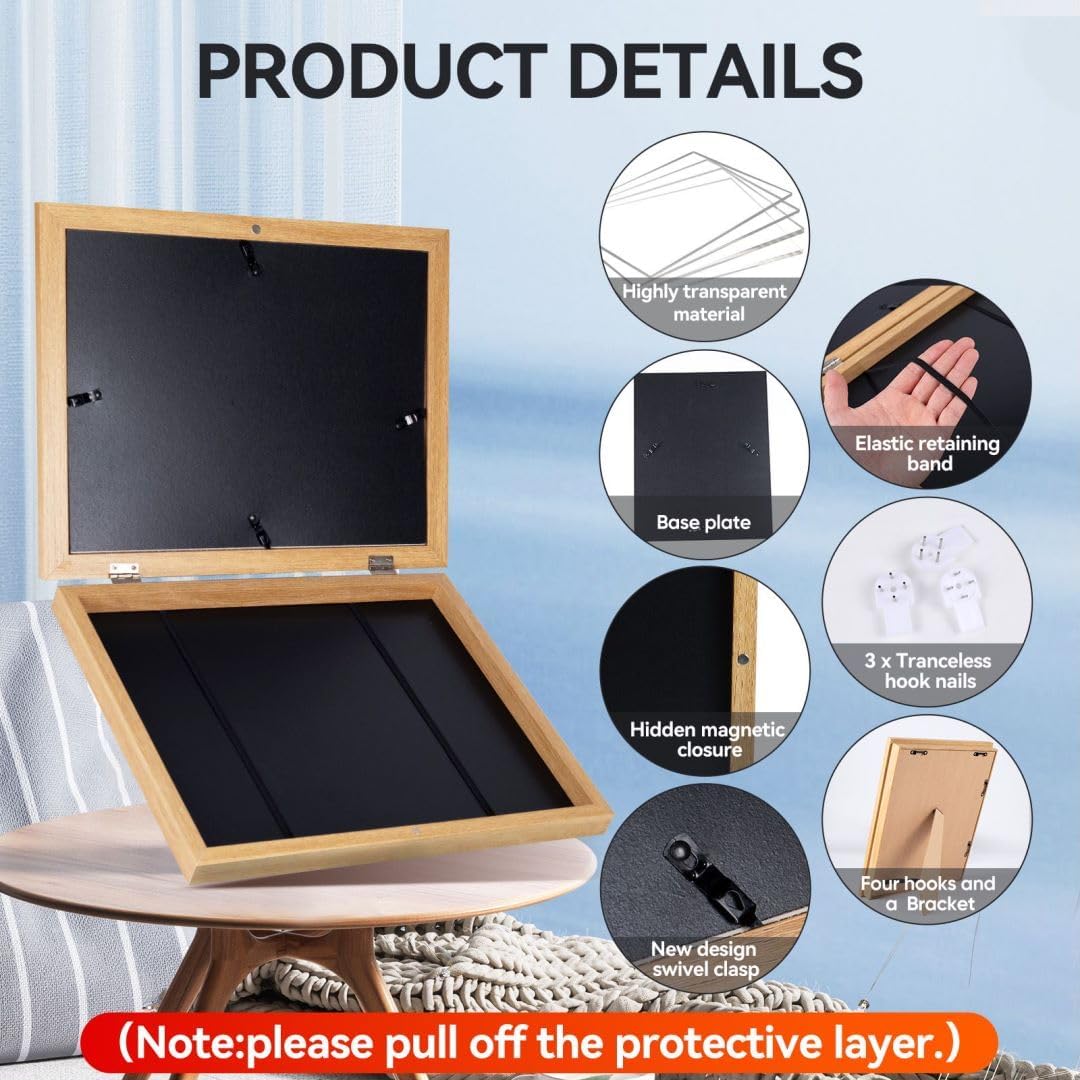 Kids Art Frames,10x12.5 Front Opening Kids Artwork Frames Changeable, Displays 8.5x11 or 9x12 With Mat, Holds 50 Pcs, for 3D Picture,A4 Artwork,Crafts, Childrens Drawing,Art Projects Storage(Wood)