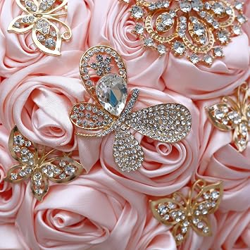 Handmade Rhinestone Brooch Satin Bridal Bouquet,7.5inches Crystal Wedding Round Tossing Bouquet, Artificial Flower Bunch with Diamond Pearl Ribbon (07#Pink)