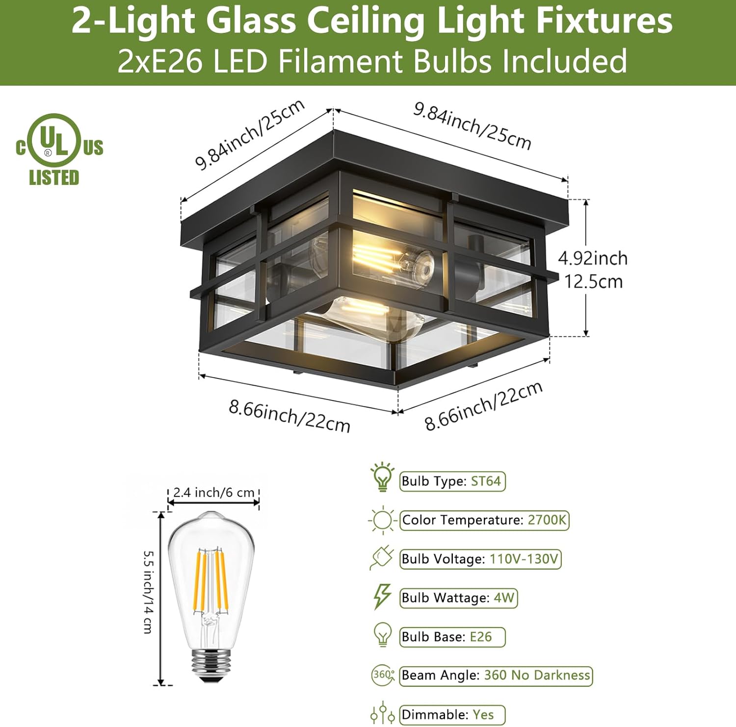 Diagram showing dimensions of the light fixture and included E26 ST64 LED bulb specifications.