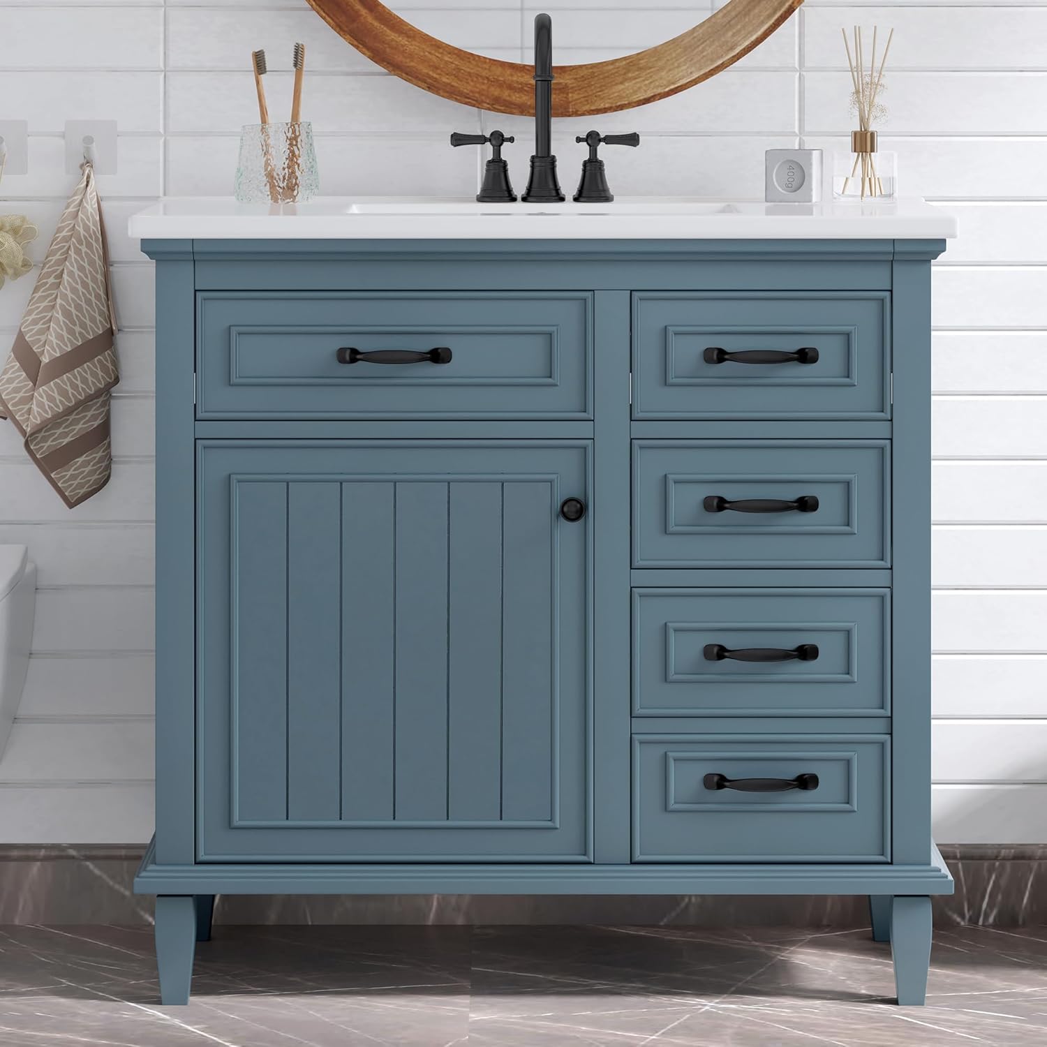 36 Inch Bathroom Vanity with Ceramic Sink Top, Solid Wood Frame, MDF & Poplar Cabinet, Flip Drawers, Adjustable Shelf, and Zinc Alloy Handles, Freestanding Storage Cabinet (Faucet Not Included), Blue