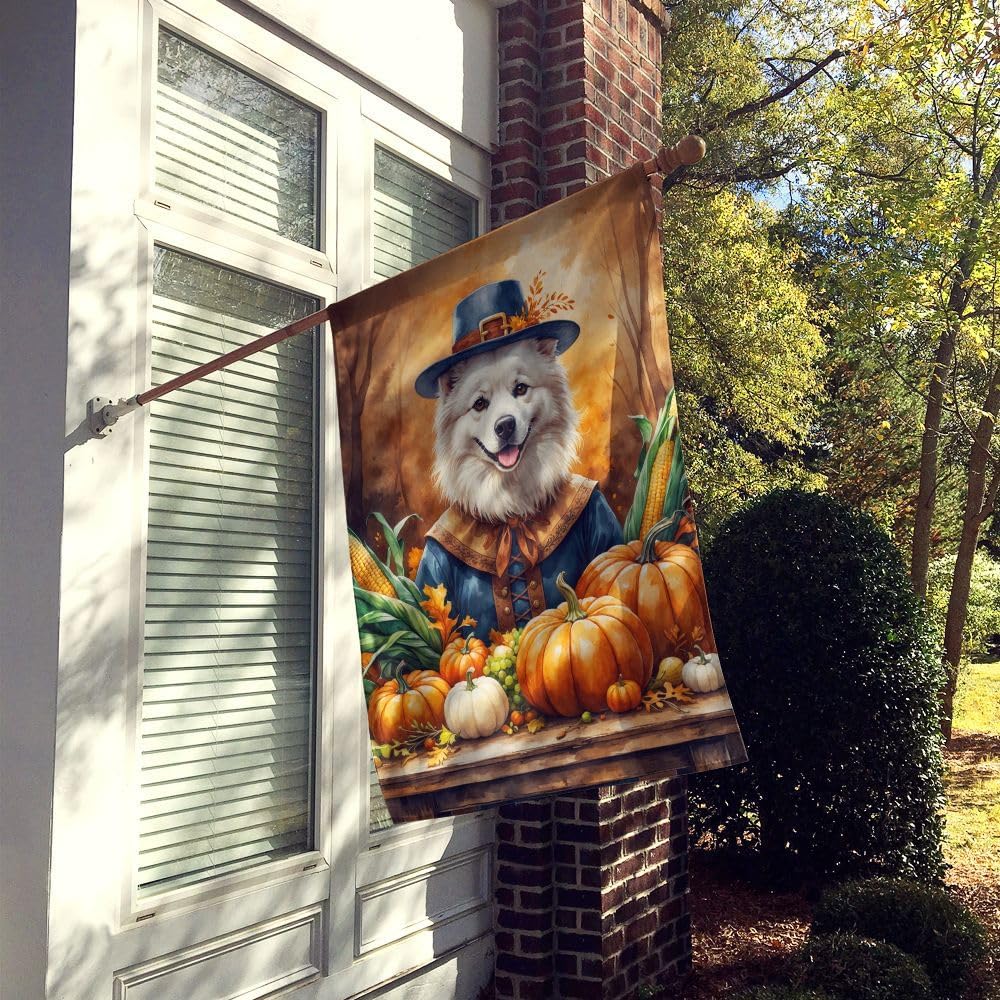 Caroline's Treasures American Eskimo Thanksgiving House Flag Large Porch Sleeve Pole Decorative Outside Yard Banner Artwork Wall Hanging, Polyester, House Size, Multicolor