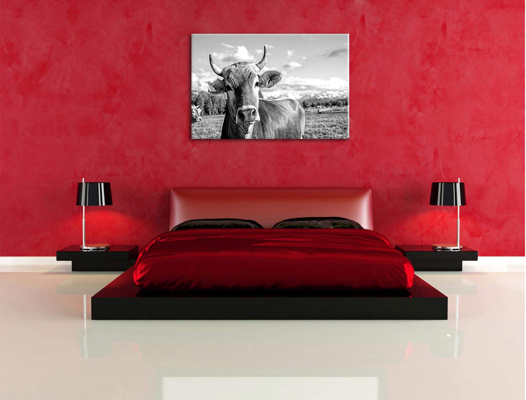 Pixxprint Neugierige Kuh auf Weide im Allgäu, Monochrome, Größe: 120x80cm, Leinwandbild, fertig gespannt, Wandbild, Dekoration, Kunstdruck, kein Poster