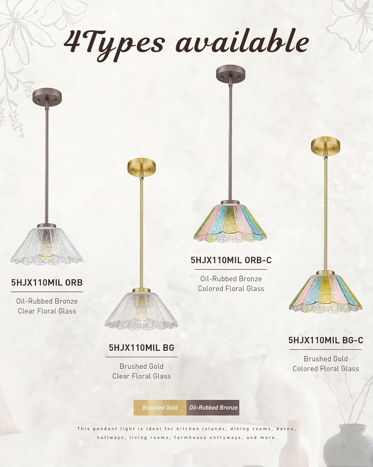 Modern Hanging Light Fixture, HWH Pendant Lights Kitchen Island, 10.4 Inch Farmhouse Pendant Light with Colored Floral Glass, Oil-Rubbed Bronze Finish, 5HJX110MIL ORB-C