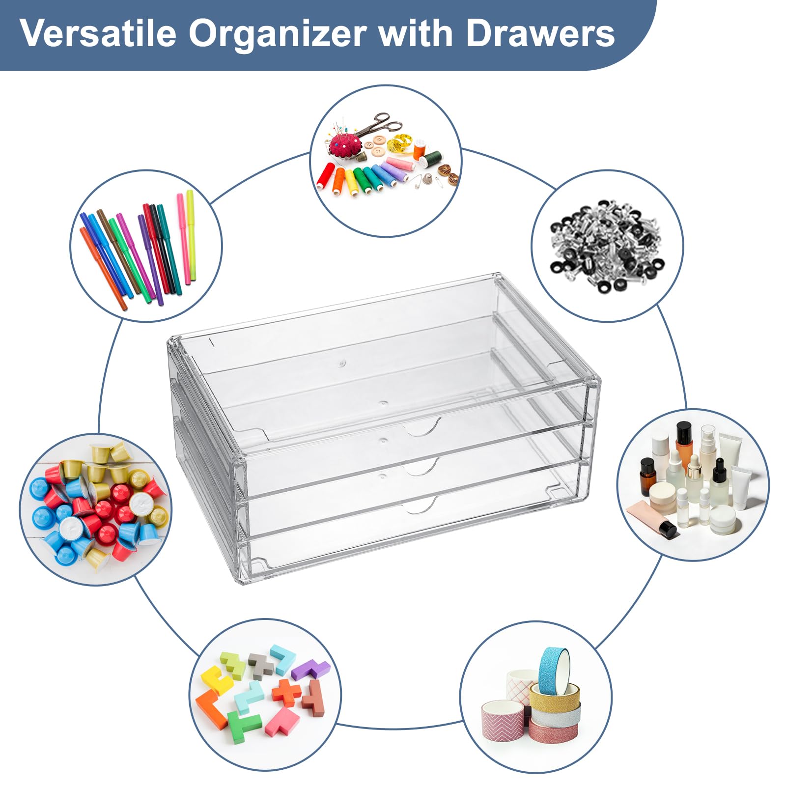 Tiroirs de rangement en acrylique avec 3 tiroirs, organiseur de bureau empilable pour stylos