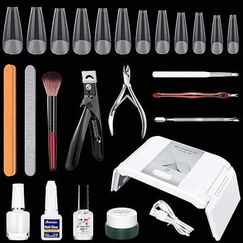 Kit de puntas de uñas y pegamento en gel 504 puntas de uñas de gel suave de ataúd gel de pegamento de uñas 3 en 1 lámpara de uñas LED portátil de 36