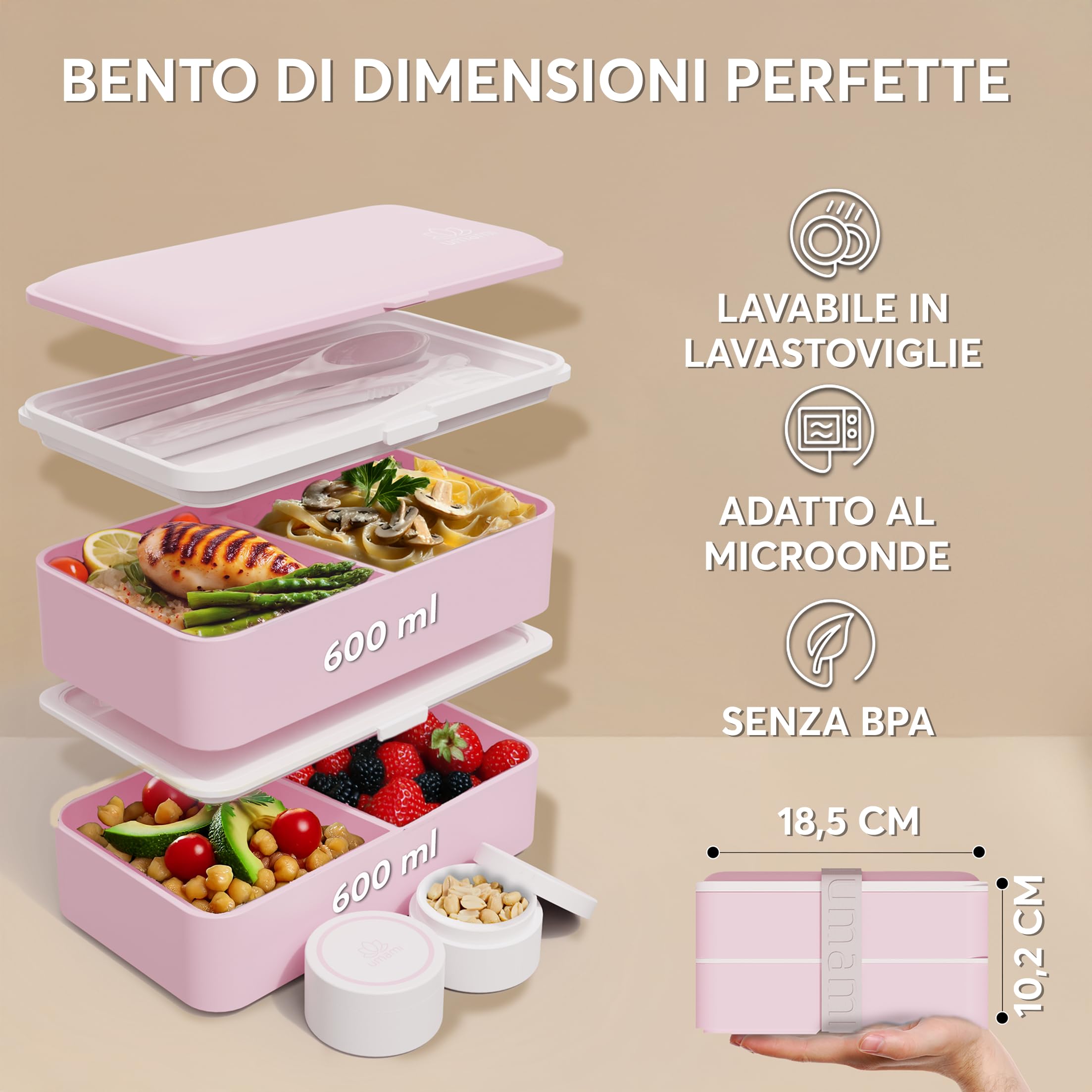 Umami Porta Pranzo Lunch Box Ermetico 4 Scomparti e Posate, Sicuro per Microonde, Lavastoviglie, Portapranzo Ufficio Bento Lunchbox Prova di Perdite per Adulti, Schiscetta Pranzo, Rosa Kawaii, 1200 ml
