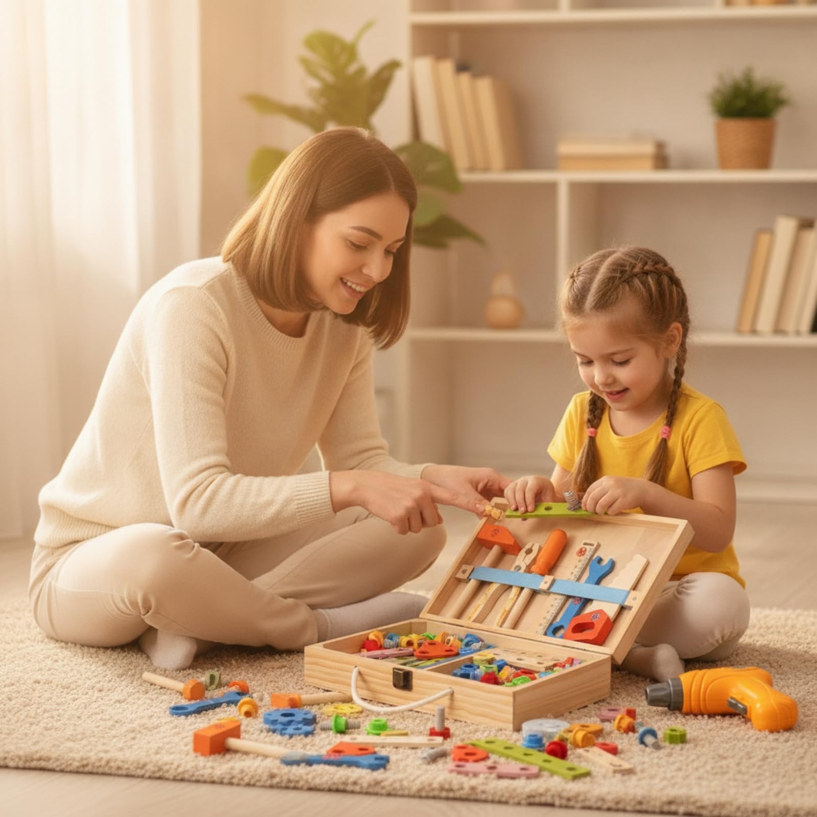 Boîte à Outils En Bois Éducatif Mallette D'outils avec Poignée Sûr Établi Portable pour Enfants
