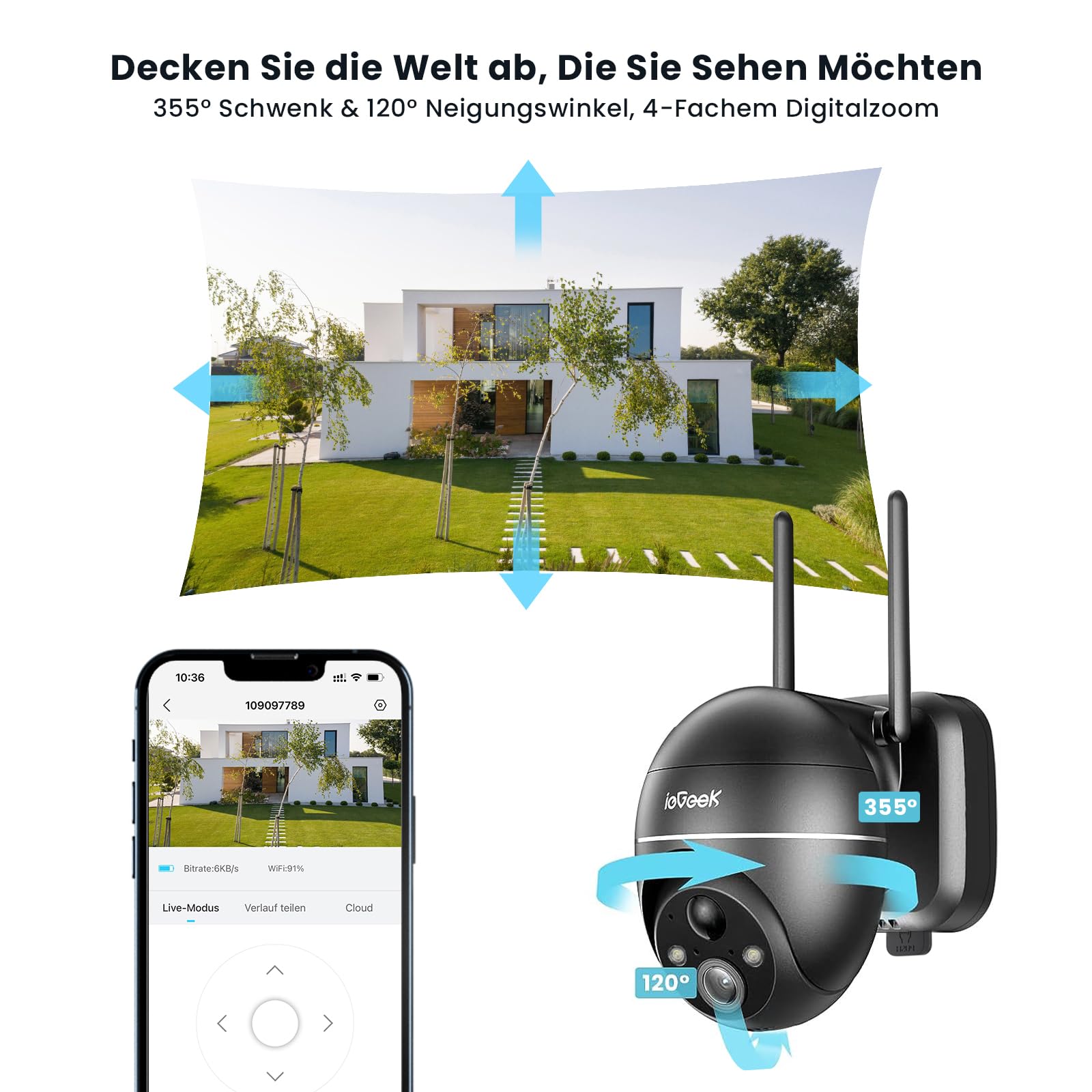 ieGeek 5MP Überwachungskamera Aussen Akku, PTZ Überwachungskamera Aussen WLAN mit Solarpanel,PIR-Bewegungsmelder, 30M Farbige Nachtsicht, Zwei-Wege-Audio, 2.4GHZ WiFi, 4DBi WLAN-Antenne,Alexa Kamera | 30m Farbnachtsicht, PIR-Bewegungsmelder, Zwei-Wege-Aud