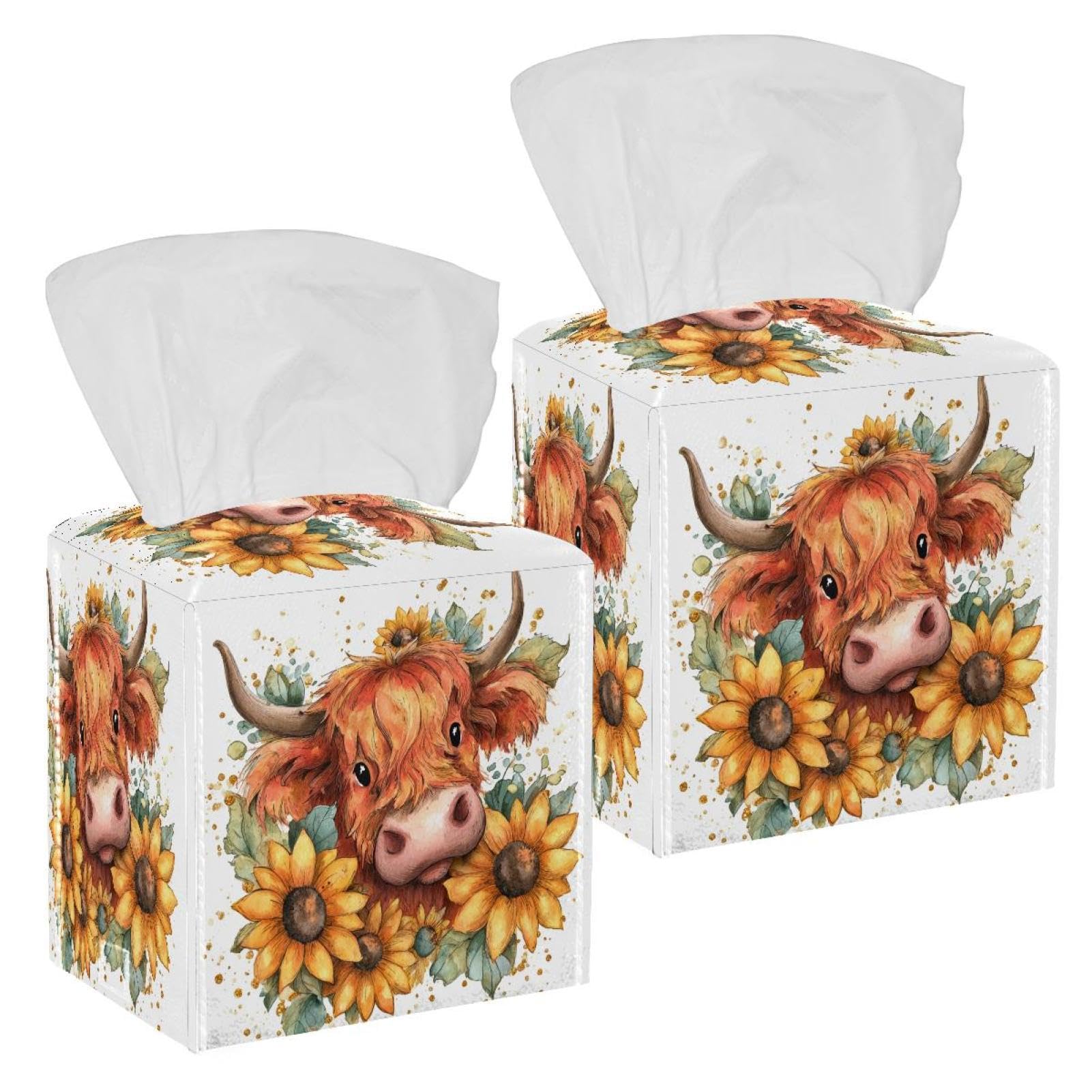 Sunflowers and Cow Tissue Box Cover, 2 Pack PU Leather Square Facial Tissue Dispenser Box holder for Home Office Car