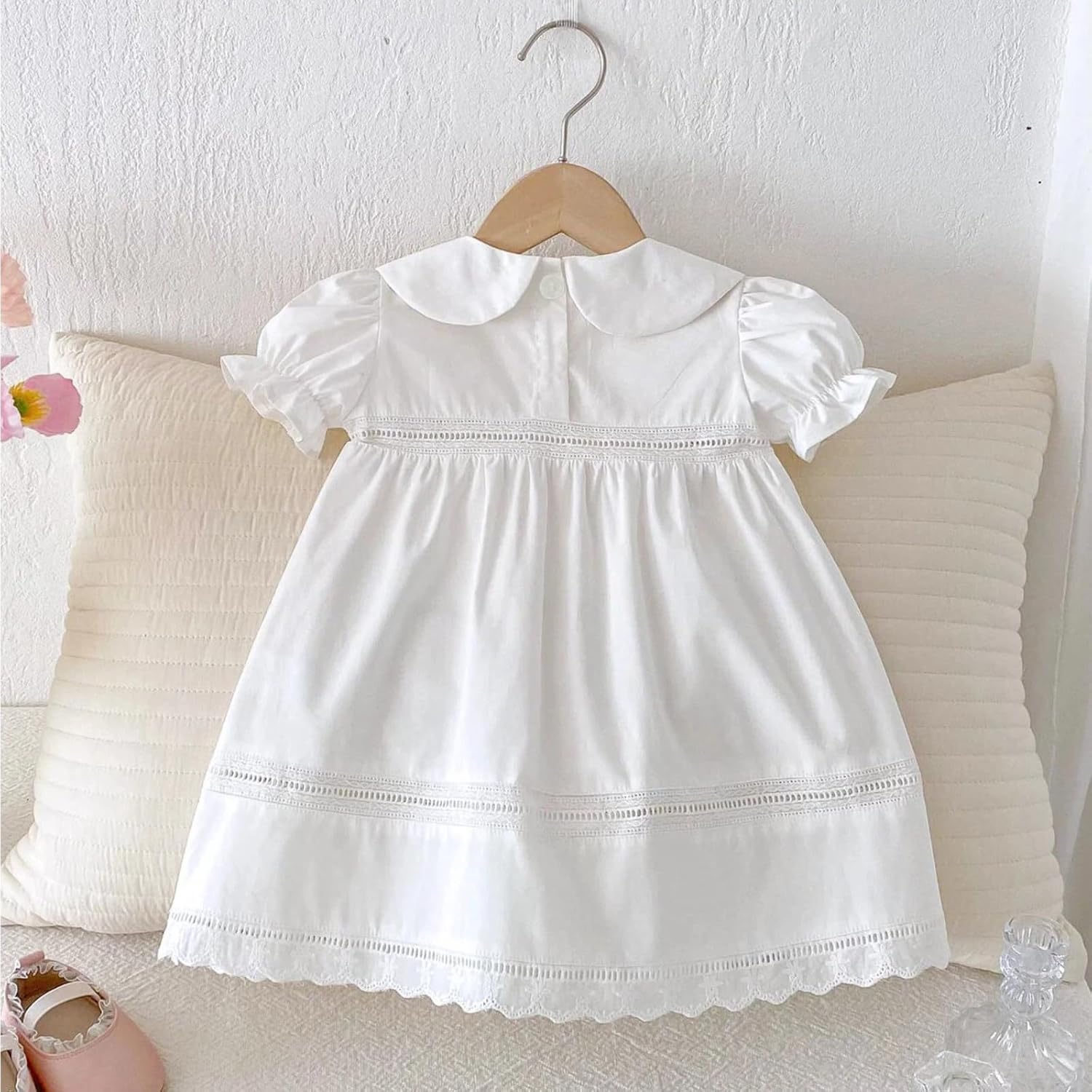 Toddler Baby Girl Peter Pan Collar Dress Girls Lace Embroidery White Princess Dresses for Baby Birthday Baptism