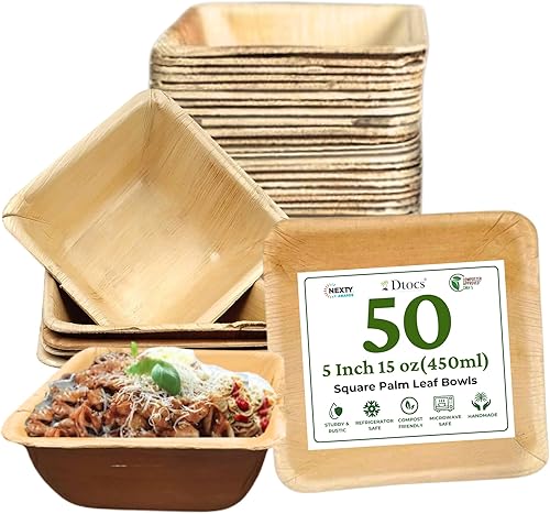 Cuencos de hoja de palma cuadrados de 5 pulgadas (50) Cuencos de bambú de 15 onzas desechables como resistentes, a prueba de fugas, juego de