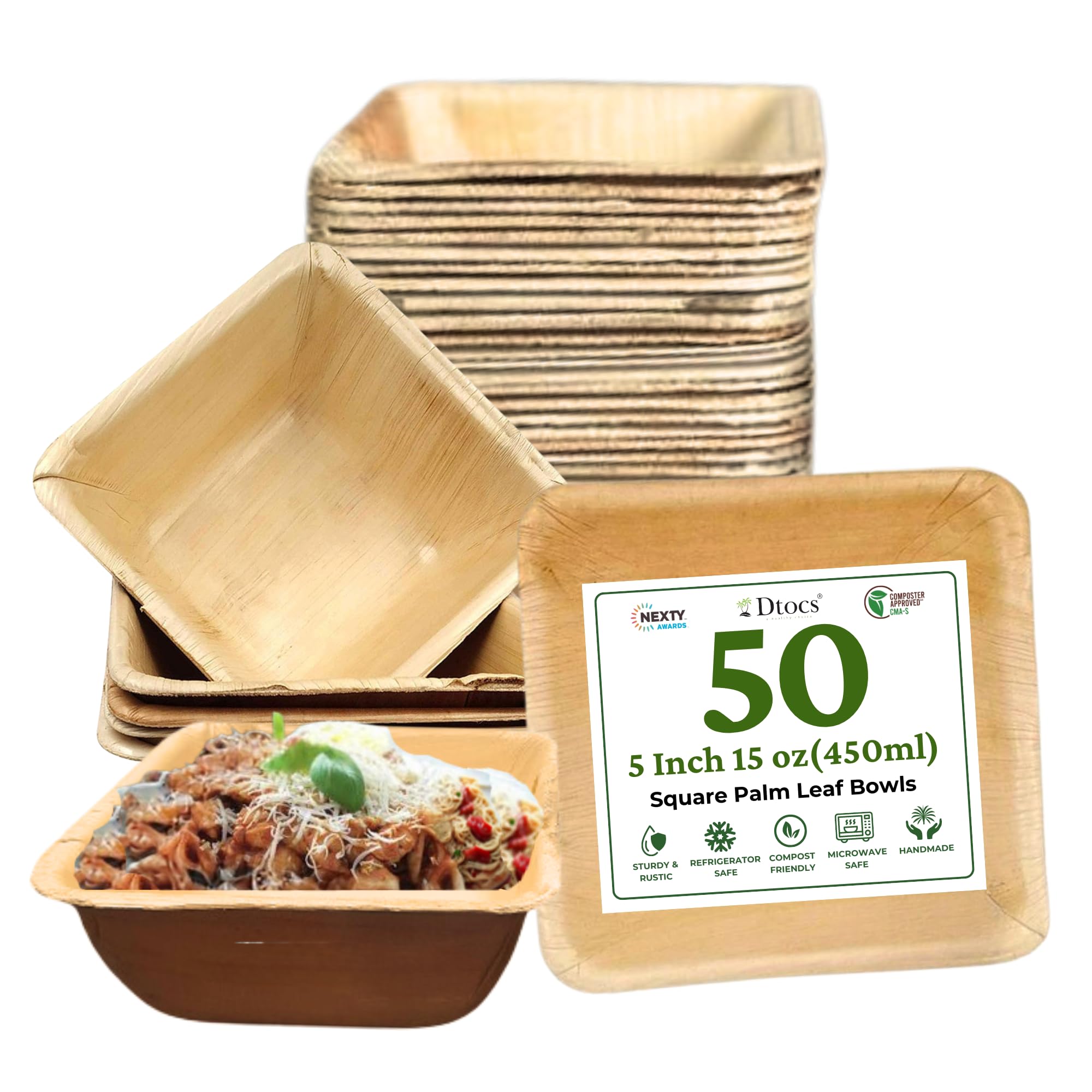 Dtocs Palm Leaf Bowls 5 Inch Square (50) | 15 Oz Bamboo Bowls Disposable Like Sturdy, Leak Proof, Microwavable Compostable Bowl Set | Serve Ramen, Fruits, Soup | Alternate to Plastic, Wood, Paper Cups