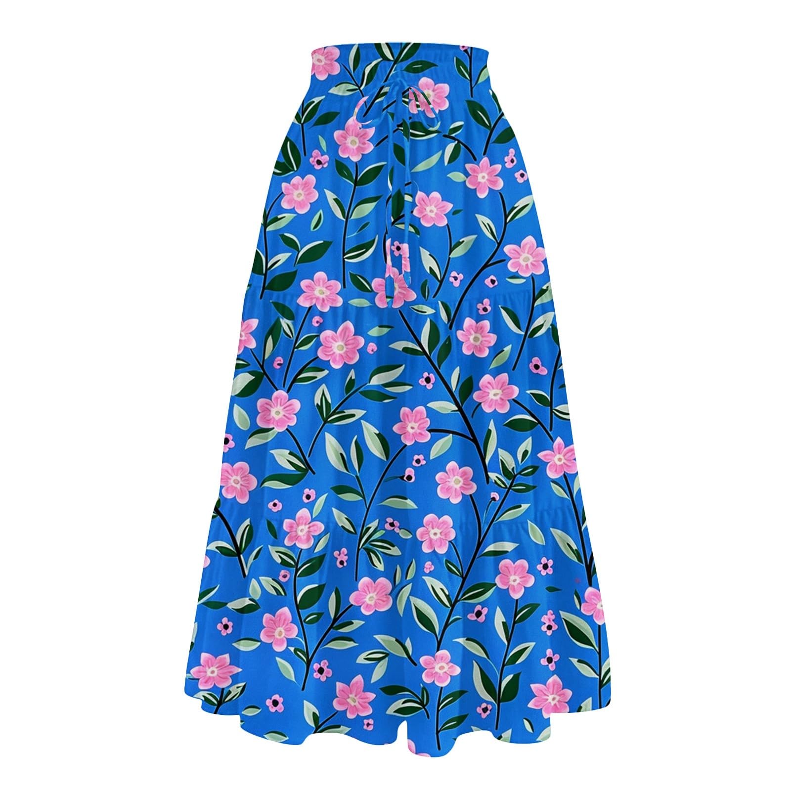 Maxi Skirts for Women Pleated Swing Long Skirts Novelty Casual Trendy Boho Skirt Tiered Elastic Waist Flowy Skirt