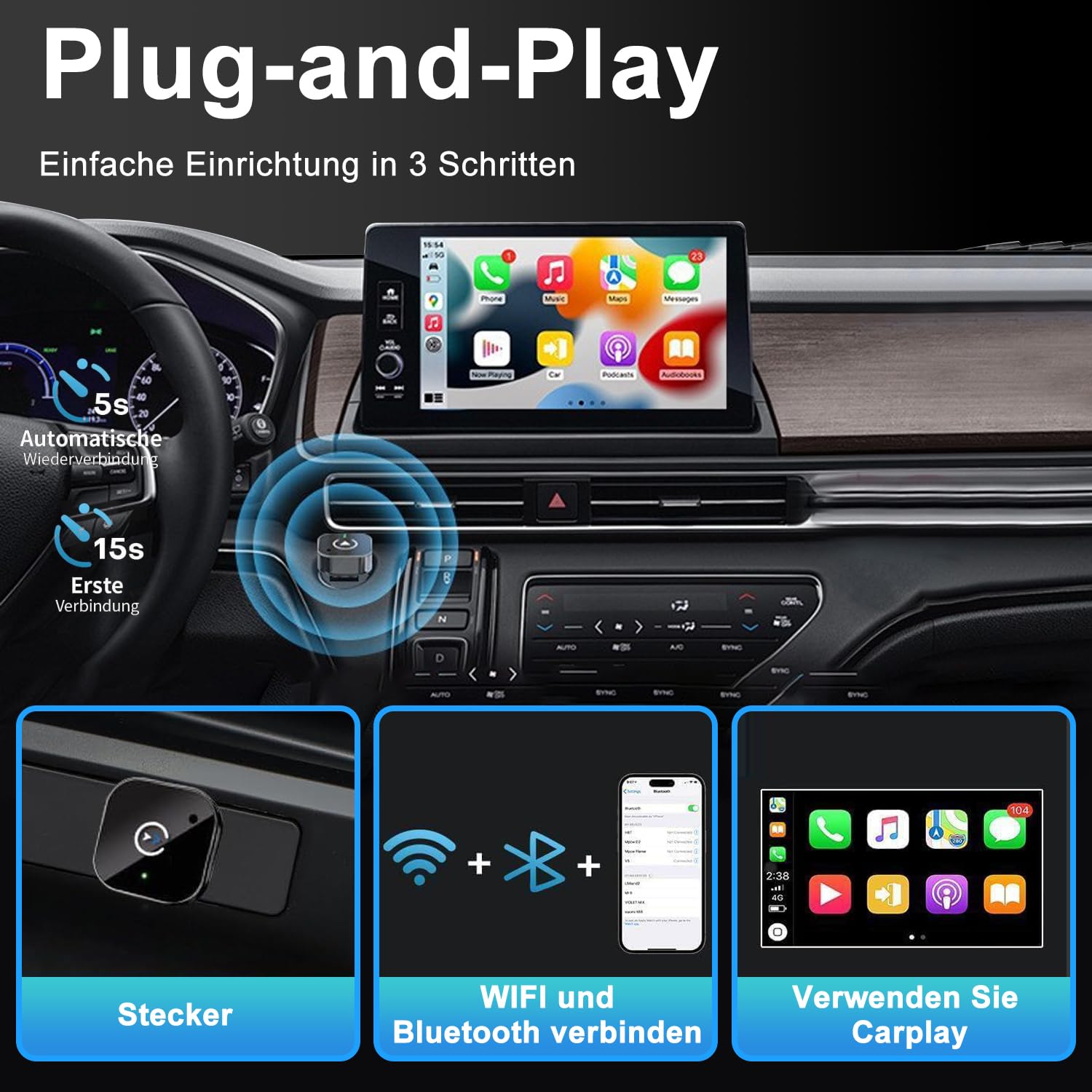 Wireless CarPlay Adapter für Apple iPhone & Android, 2026 Upgrade von Wired auf Wireless–Plug & Play, Mini & Stable T-Design, CarPlay Wireless Adapter für Auto-Navigation Übertragen
