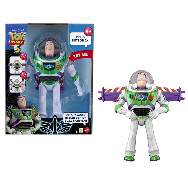 Mattel Disney Pixar Toy Story 5 Figura de acción, Buzz Lightyear Edición Alta Tecnología con Modo Vuelo y activación de Las alas de 30,48 cm, más de 35 Sonidos, JMW40