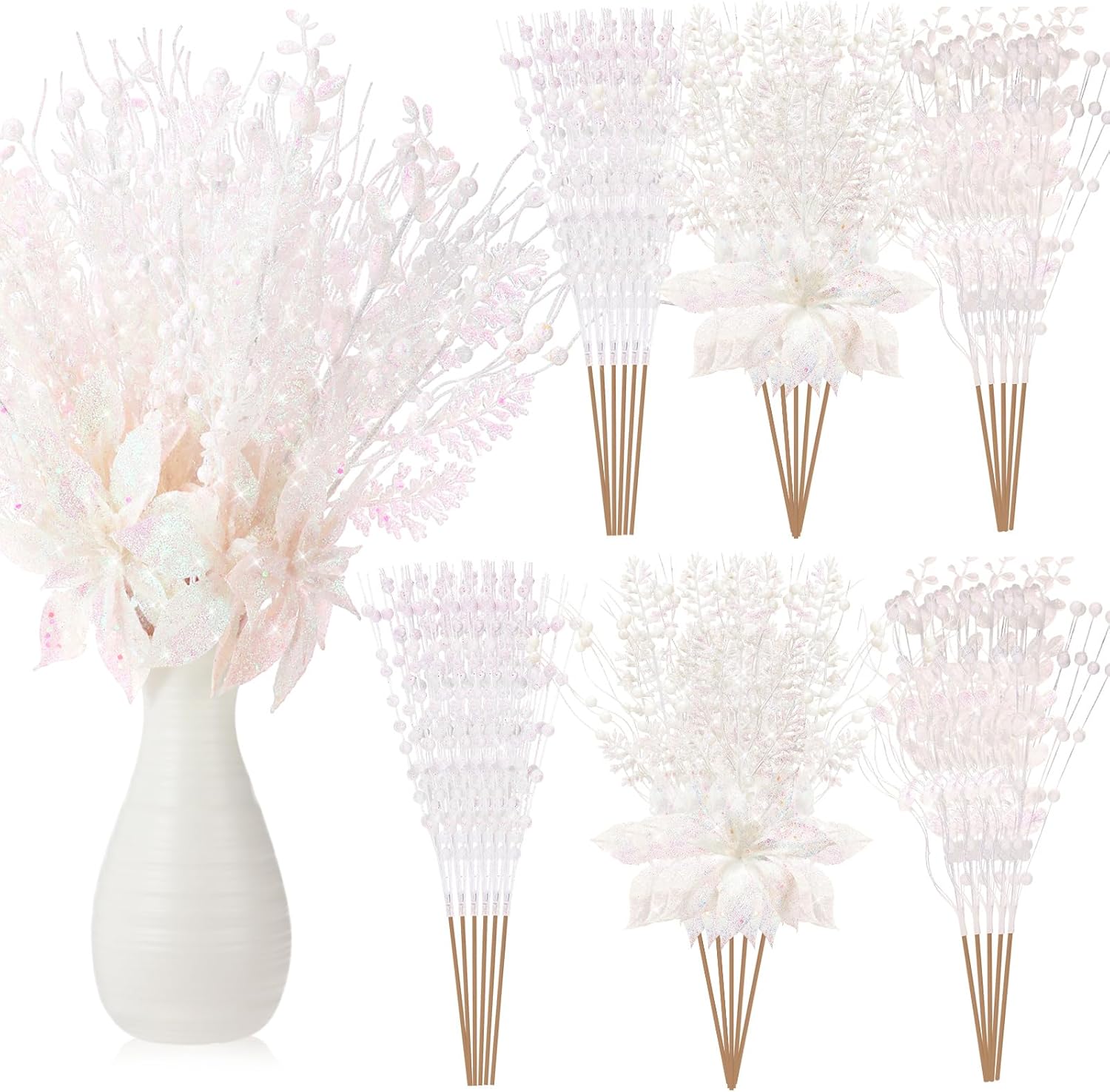 Suncalla 36 Pack 17'' Christmas Tree Picks Ornament Artificial Glitter Berry Stem Picks and Spray with Fake Christmas Poinsettia Flower Bead Stick Branch Decor for DIY Wreath Vase Filler(White)