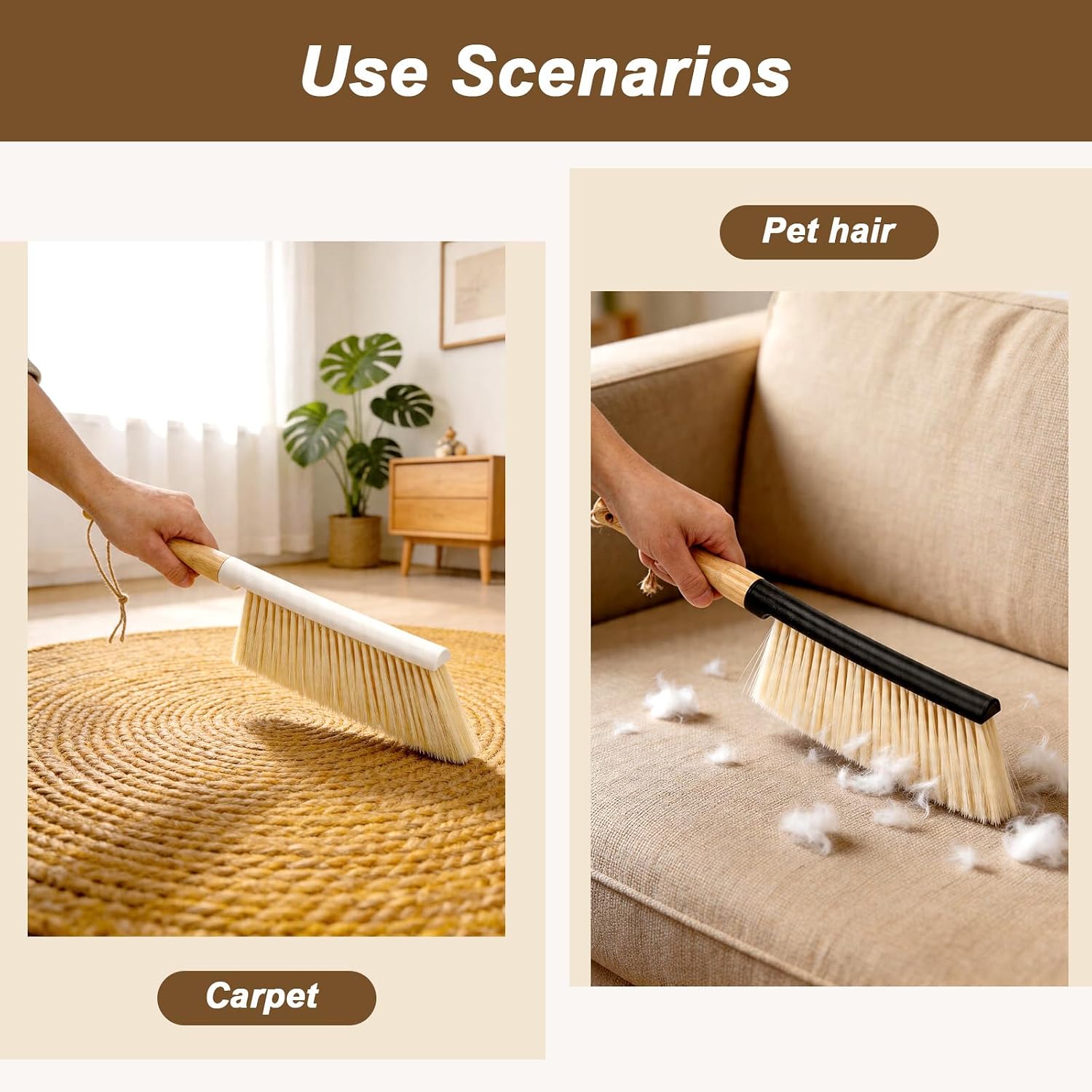 2Pcs Hand Broom Cleaning Brushes, 14 Inch Long Dust Brush | Multi-Purpose Medium-Soft Bristles Dusting Brush with Long Bamboo Handle for Carpet, Beds, Sofas, Home, Woodworking Cleaning