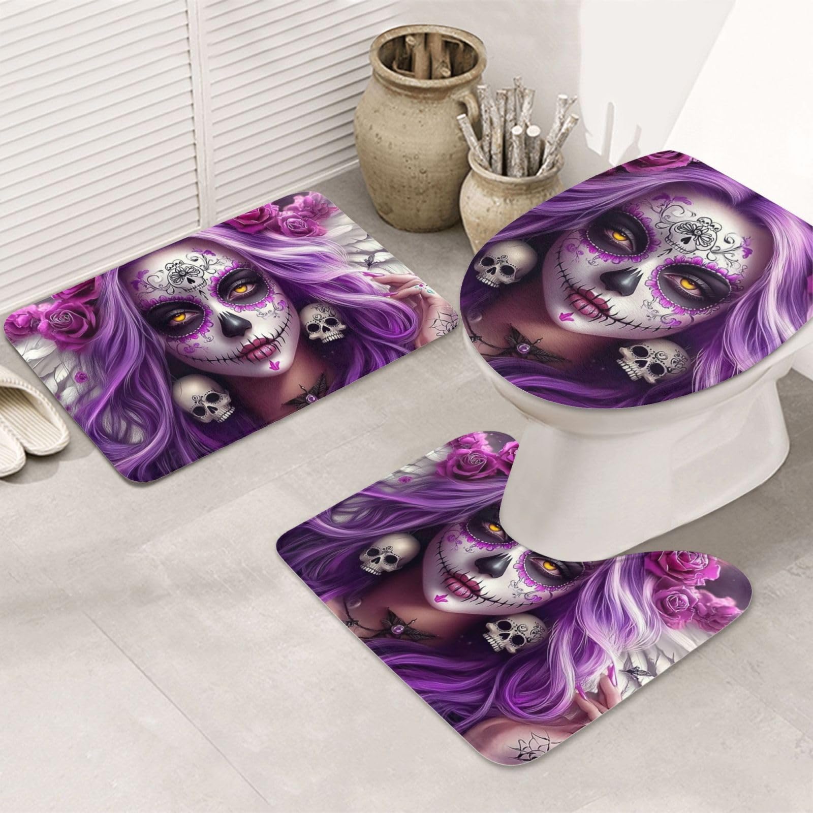 Juego de 3 alfombras de baño antideslizantes con estampado de rosas para suelos húmedos y fríos