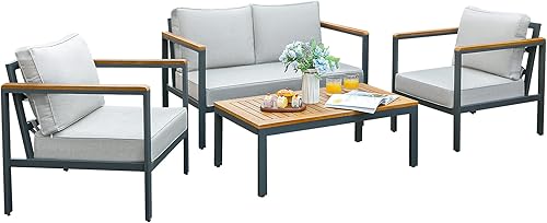 Devoko Juego de muebles de patio de 4 piezas juego de conversación al aire libre juego de sofá de madera de acacia con mesa de café cojín de esponja