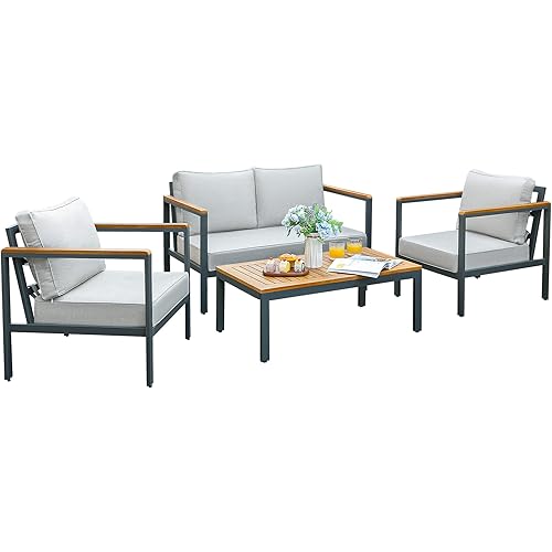 Devoko 4 Pieces Patio Furniture Sets Outdoor Conversation Set Acacia Wood Sofa Set with Coffee Table Thicker Sponge Cushion