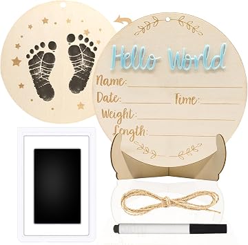Baby Announcement Sign, 5.9 Inch Round Wooden Hello World Newborn Signs, Birth Announcement Sign Equipped with Ink Pad Can Baby Handprints and Footprints for Photo Prop Hospital Nursery Gift Blue