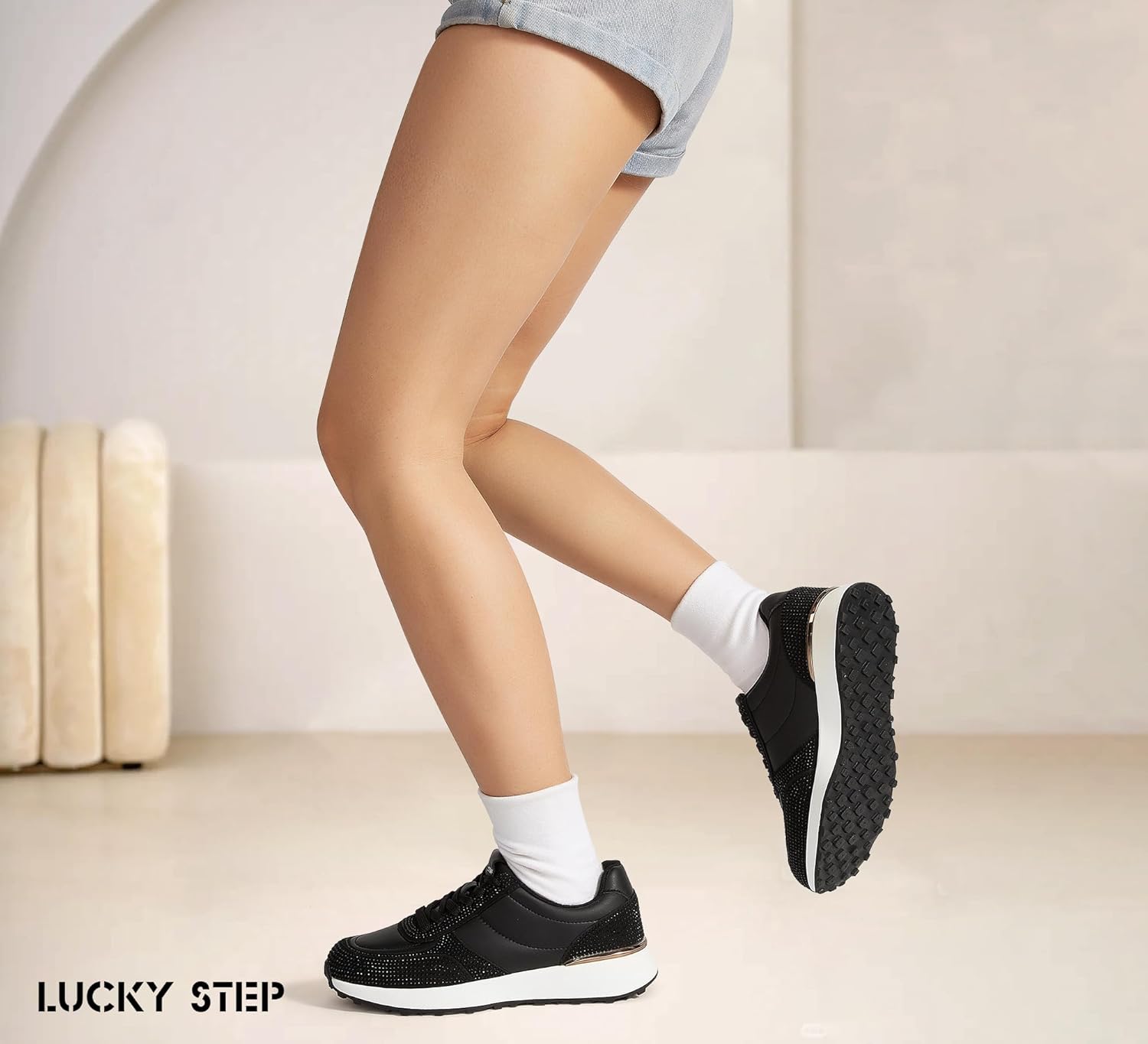 LUCKY STEP Women's Fashion Casual Sneakers Platform Rhinestone Retro Trendy Tennis Travel Walking Shoes Anti-Slip Comfortable Lace-up Footwear - Image 3