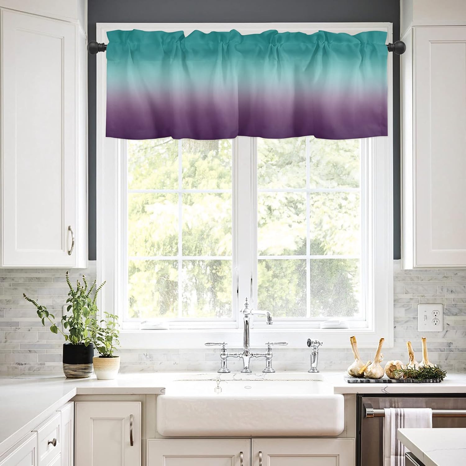 3 Pieces Kitchen Curtains & Valances Set Ombre Textured Turquoise Purple Window Treatment Tiers Vanlance Rod Pocket Curtain Drapery for Living Room Kitchen Bathroom, Soft&Washable, Lavender Teal
